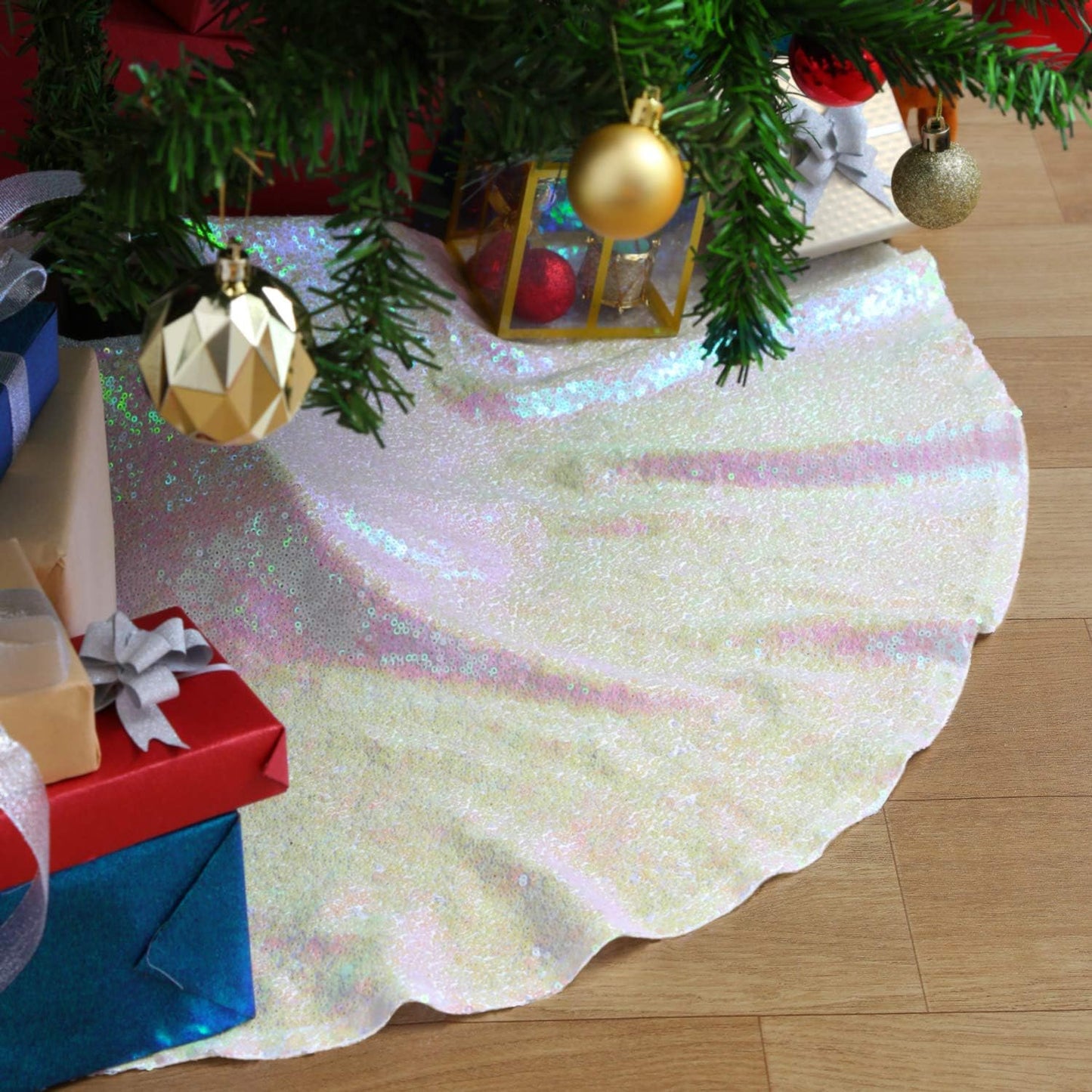 Large Christmas Tree Skirt 48 inches Sequin Tree Skirt Glitter Xmas Holiday Decoration Iridescent White