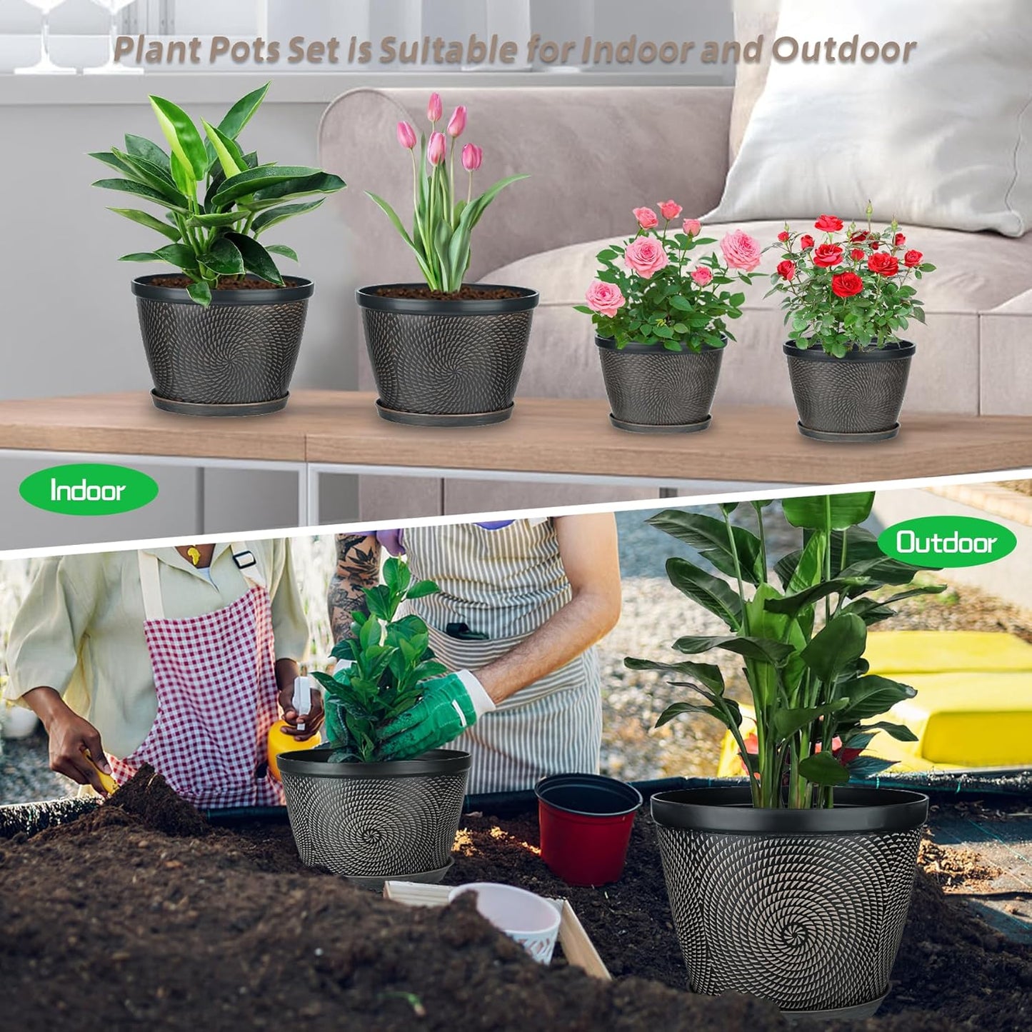 Quarut 4 Pack 6 Inch Flower Pots for Outdoor Indoor, Plastic Plant Pots with Drainage Hole & Saucer, Lightweight Small Flower Pot, Circle Pattern Planters for Garden House planters(Black Copper)
