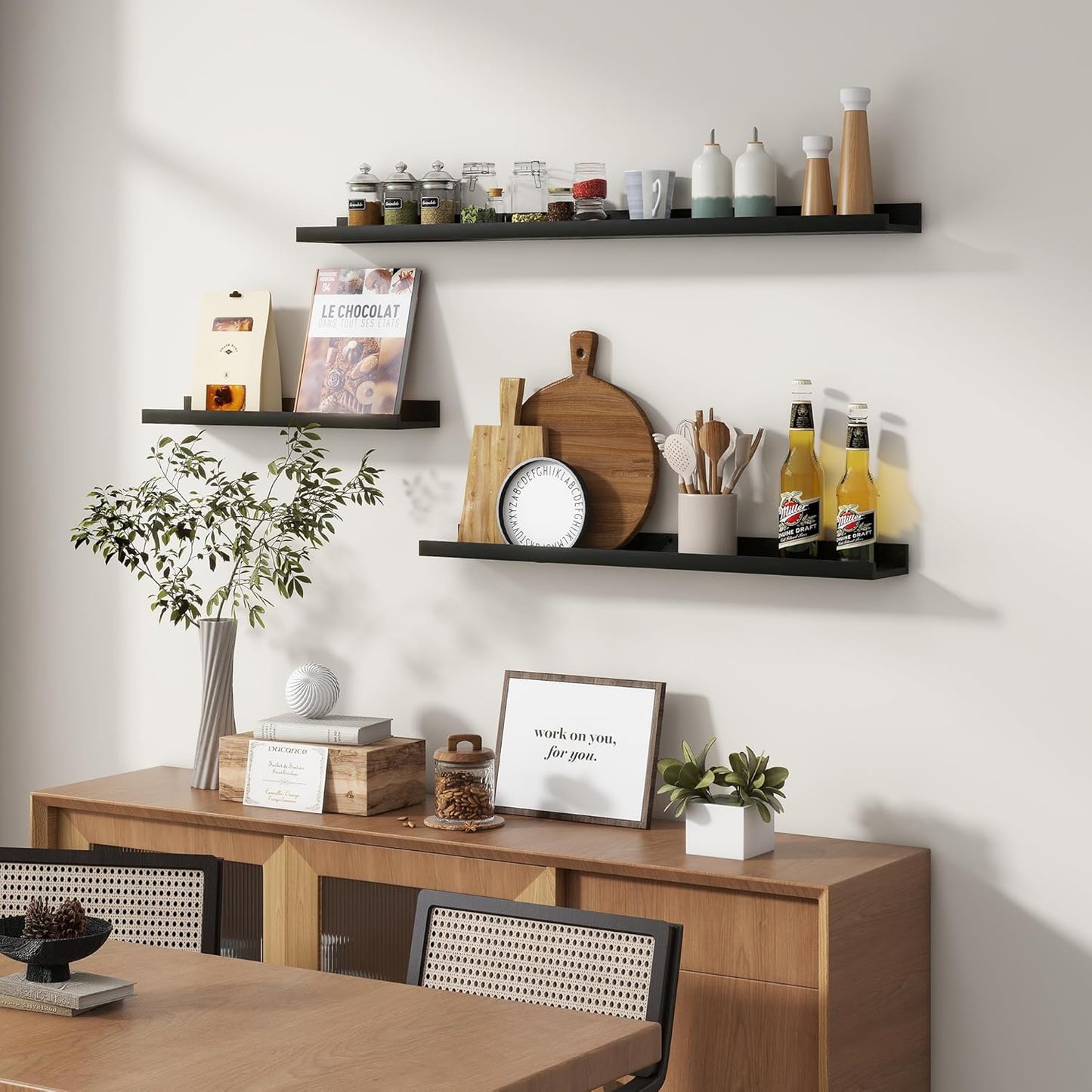 Picture Ledge Wall Shelves 24 inches Width Set of 3, Solid Pine Wood Rustic Floating Ledge Shelves for Kids' Room Bedroom Kitchen Bathroom Living Room Nursery Display Wall Decor, Black