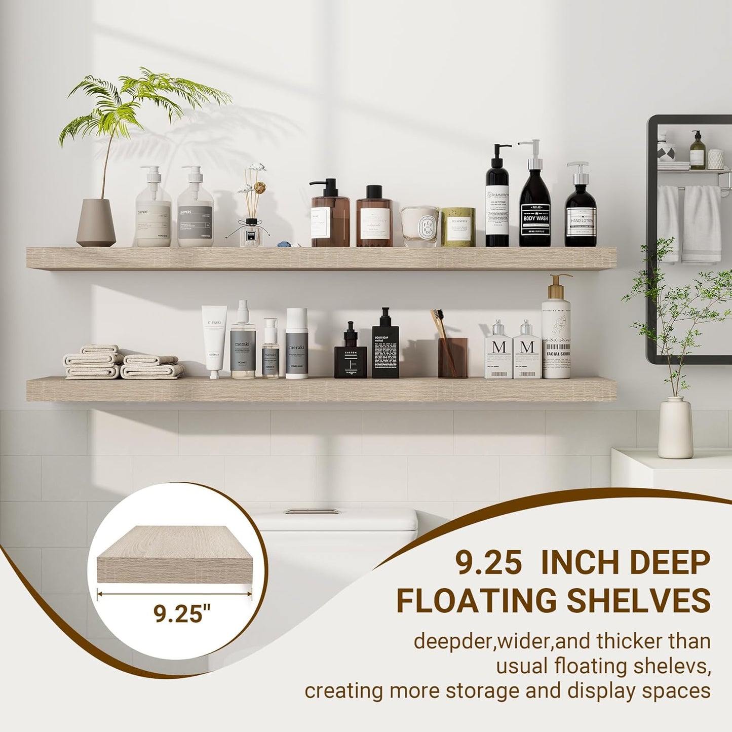 48 Inch Floating Shelves, 3D Textured Wood Grain, 48"x9.25"x1.5" Inch Deep Floating Shelves for Wall, Wooden Shelves for Bathroom, Bedroom, Living Room, Vintage White Oak