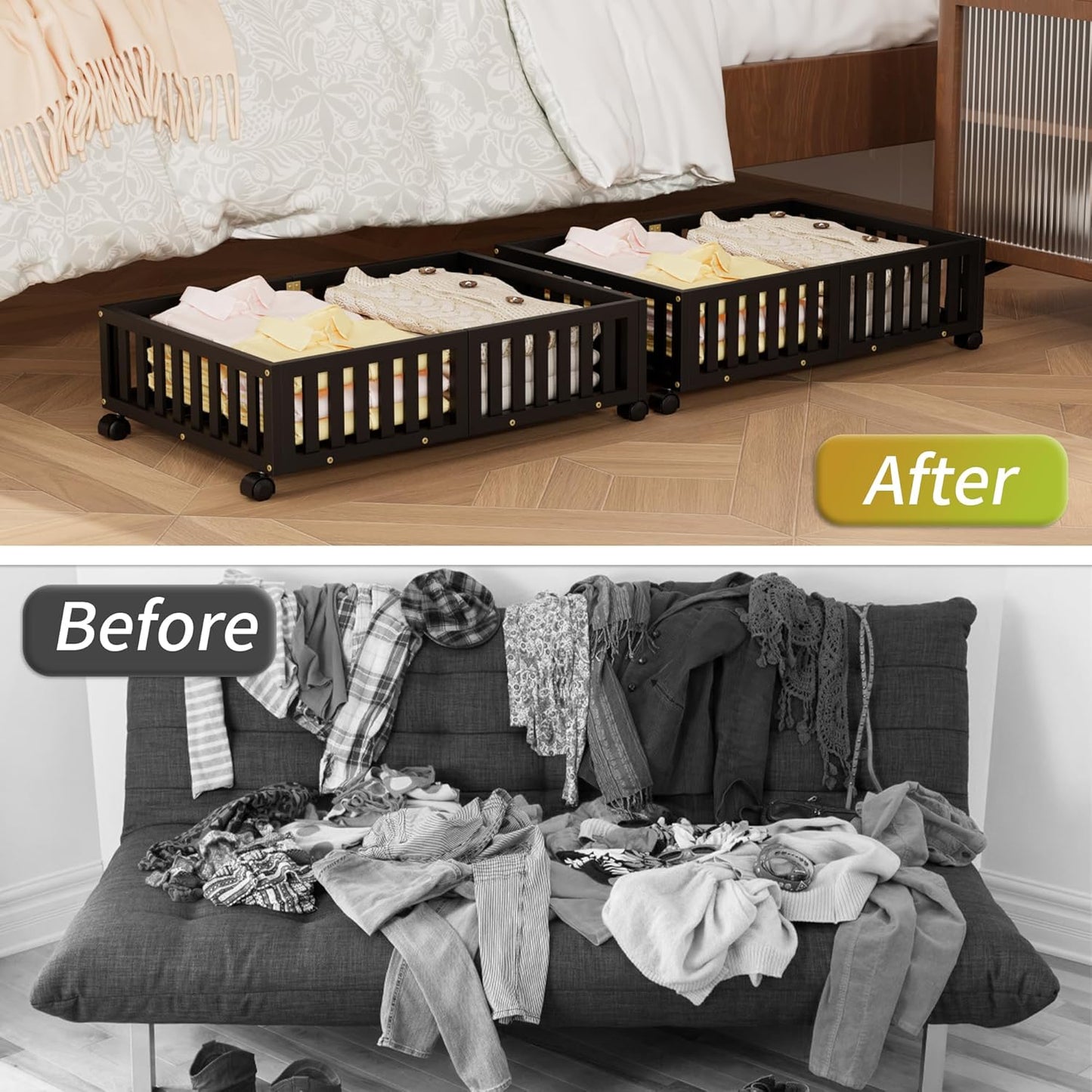 Bamboo Under Bed Storage with Wheels (2-Pack) – Rolling Underbed Shoe Organizer Box for Shoes, Blankets, Toys, Clothes Container Space-Saving Organizer Bins for Bedroom, Closet, Dorm, Nursery