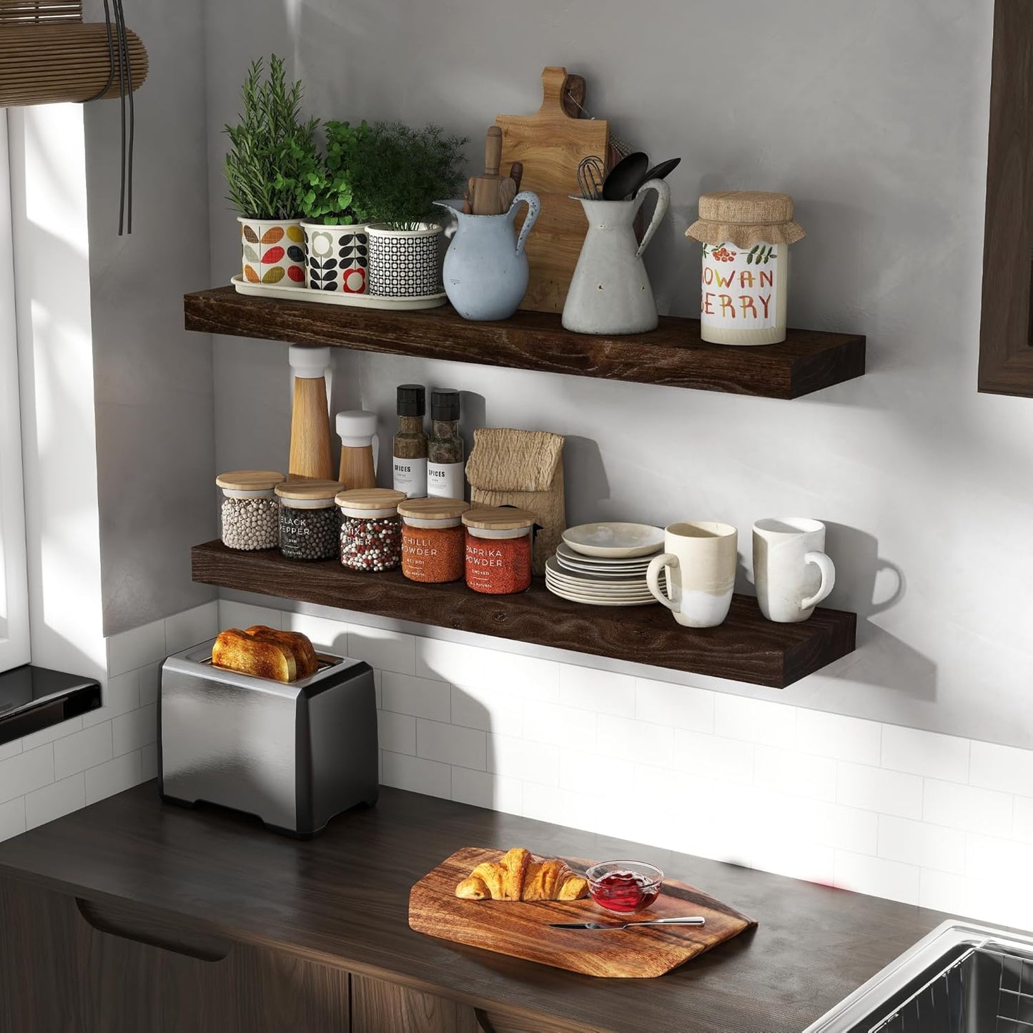 36 Inch Floating Shelves for Wall, Rustic Elm Wood Shelf for Home Decor, Heavy-Duty Wooden Floating Shelves for Kitchen, Wall Mounted Storage Shelves for Bathtoom, Living Room, Walnut Color, Set of 2