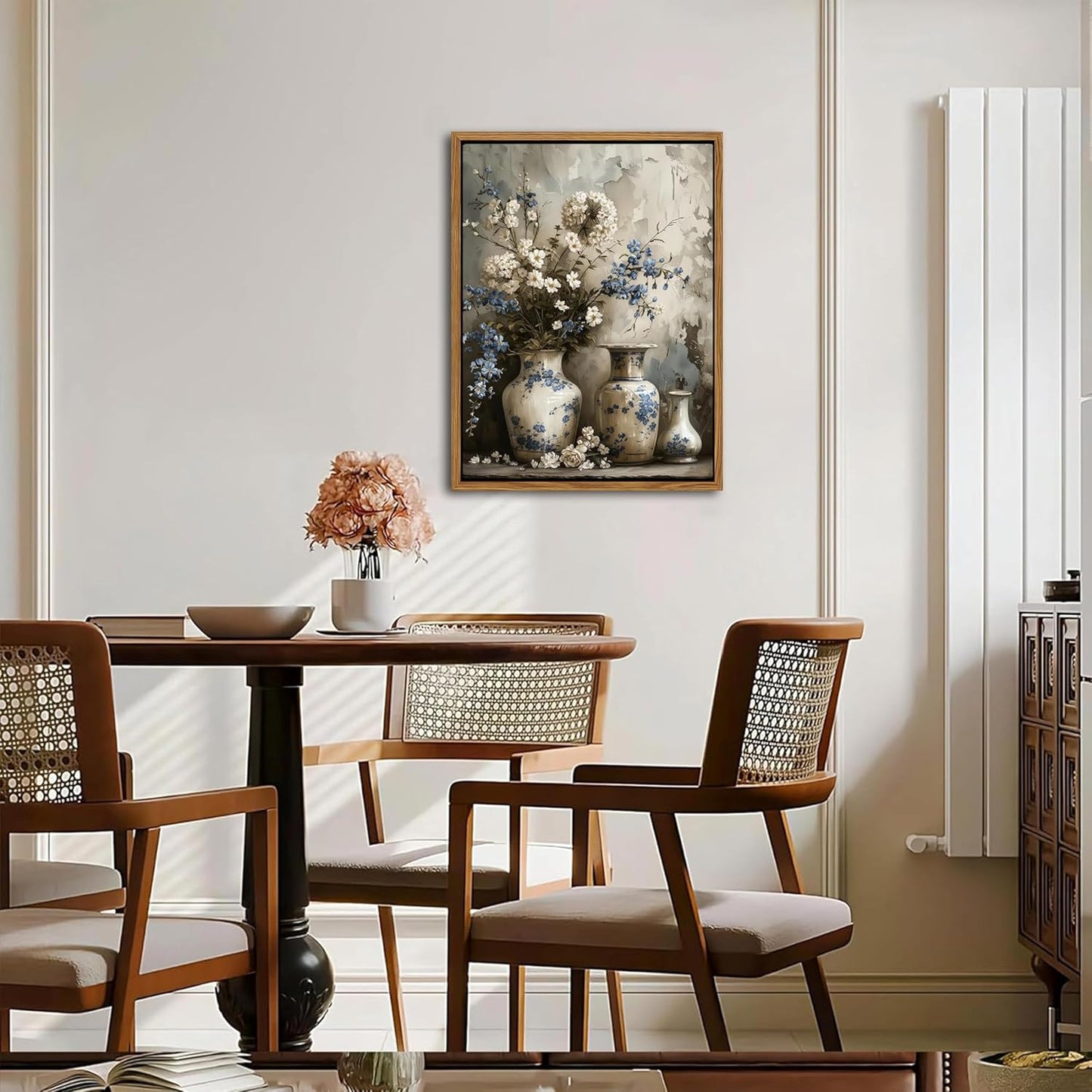 Floating Framed Farmhouse Floral Canvas Wall Art, Vintage Blue and White Flower Pictures Wall Decor, Elegant Art Jar Posters Print for Living Room Bedroom Bathroom Rustic Decor 12x16 inch