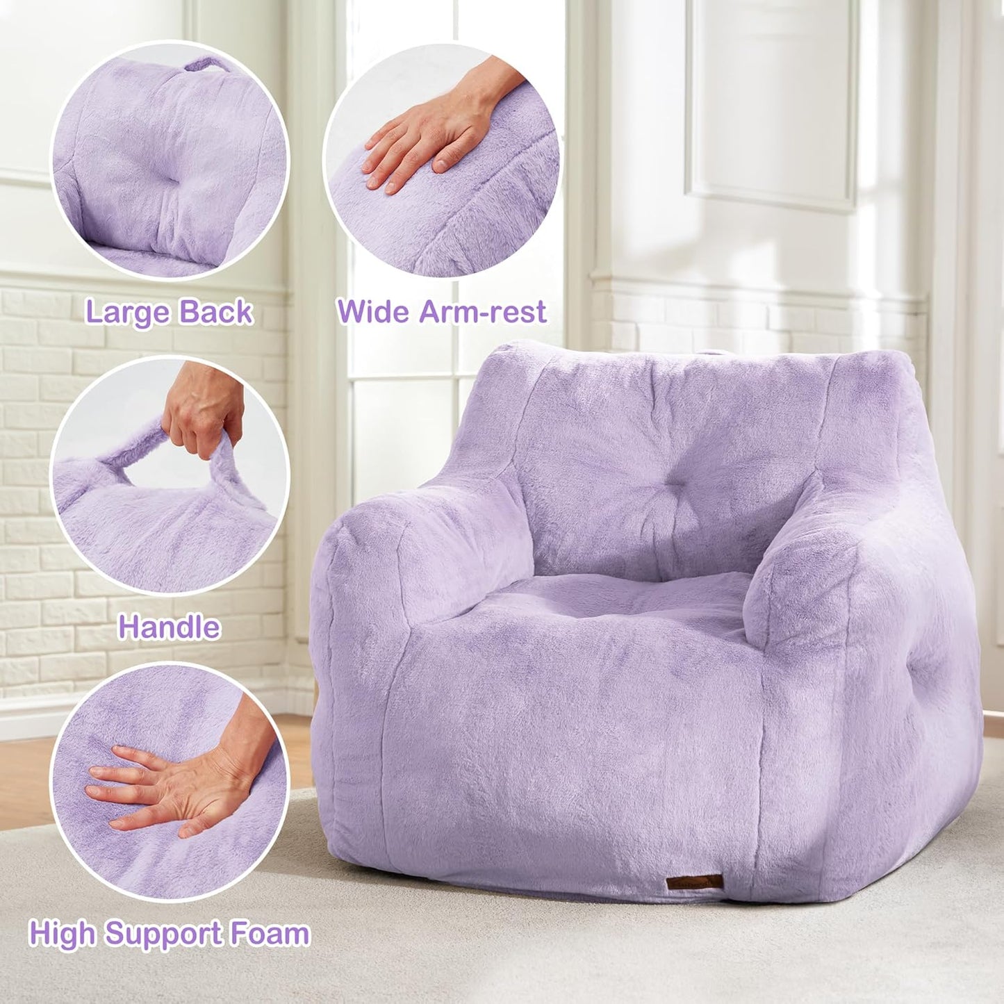 Hobestluk Bean Bag Chair for Adult Small Bean Bag Chairs with Arms Furry Beanbag Chair with Foam Filler Stuffed Bean Bag Sofa for Reading in Bedroom Living Room and Dorms (Purple)