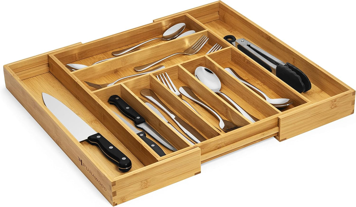 Bamboo Drawer Organizer, 2 Pack - Expandable Silverware Organizer & Utensil Drawer Organizer, Cutlery Tray with Dividers, 7-9 Slots- Premium Kitchen Organizer for Utensils & Flatware (Natural)