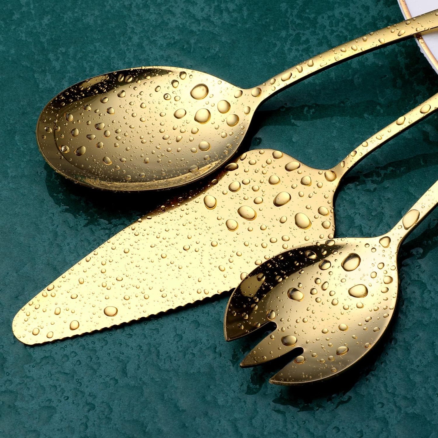 Gold Serving Utensils, OGORI 8-Piece Polished Stainless Steel Flatware Silverware Set Include Serving Spoon, Slotted Spoon, Cake Server, Soup Ladle, Fork, Salad Fork, Butter Knife, Serving Tong