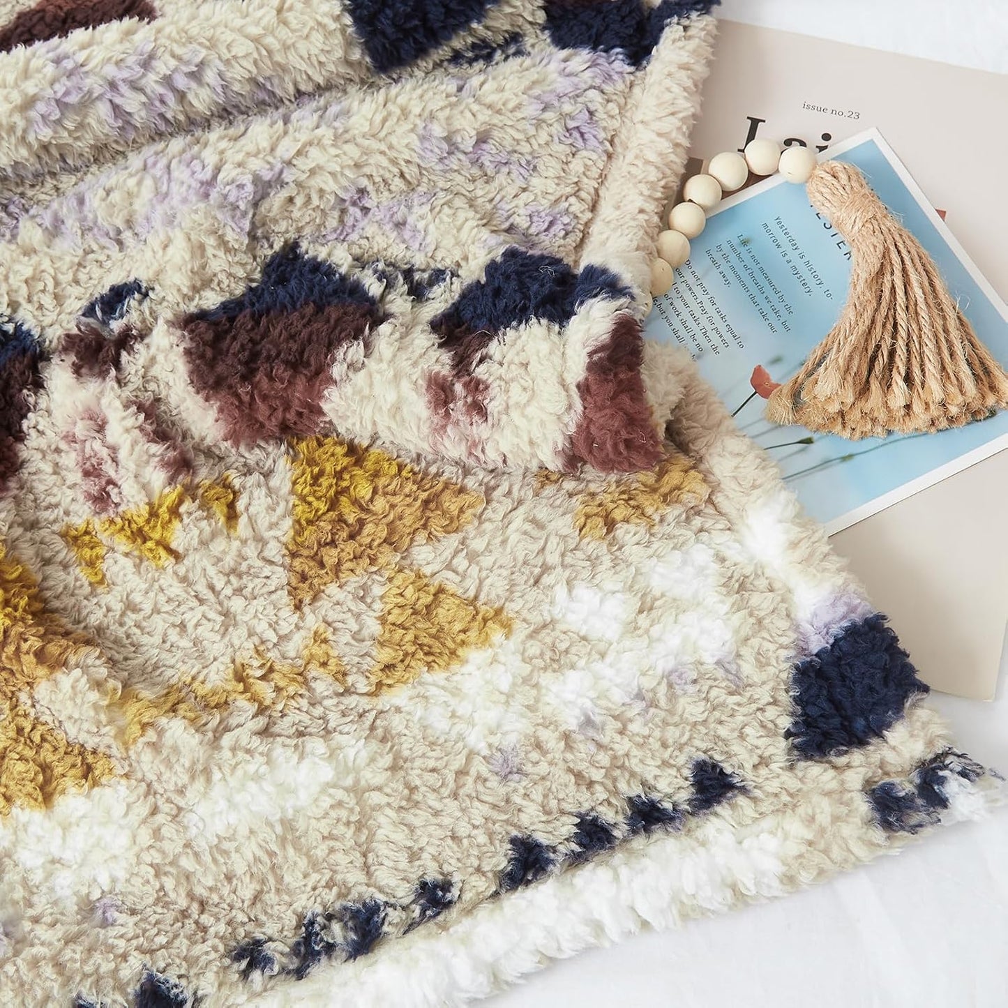 CASAAGUSTO Boho Sherpa Blanket,Teal Aztec Twin Blanket, Ultra Soft, Warm, Cozy, Plush, Thick Fleece Western Blanket for Couch, Bed, Sofa (Khaki 60 * 80 Inch)