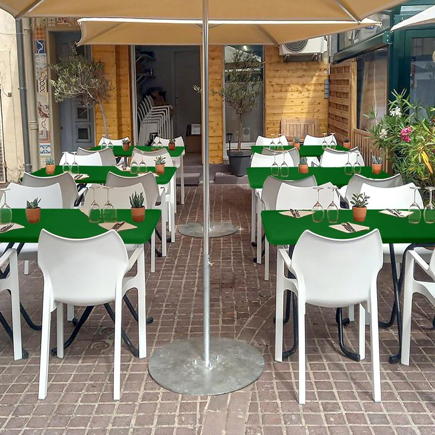 Fitted Tablecloth for 8 Foot Rectangle Tables-4 Pack Green Elastic Outdoor Picnic Table Cover-Spandex Stretch Folding Table Cloths 8ft for Camping Dining Room Patio Kitchen Banquet Party