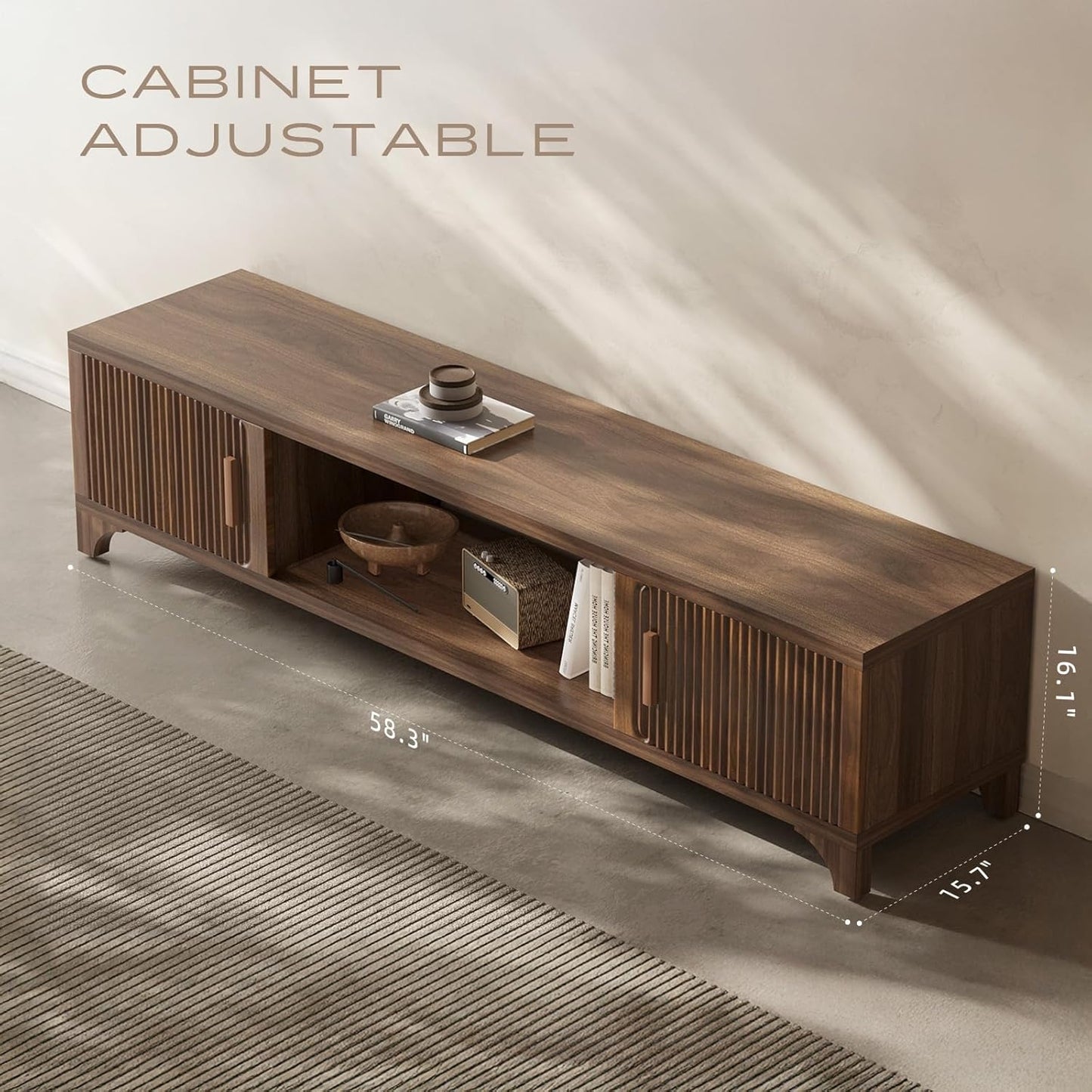 Mid Century Modern TV Stand for 70/75 Inches Television, TV Console with Fluted Doors and Storage, Entertainment Center for Living Room and Bedroom, Dark Brown