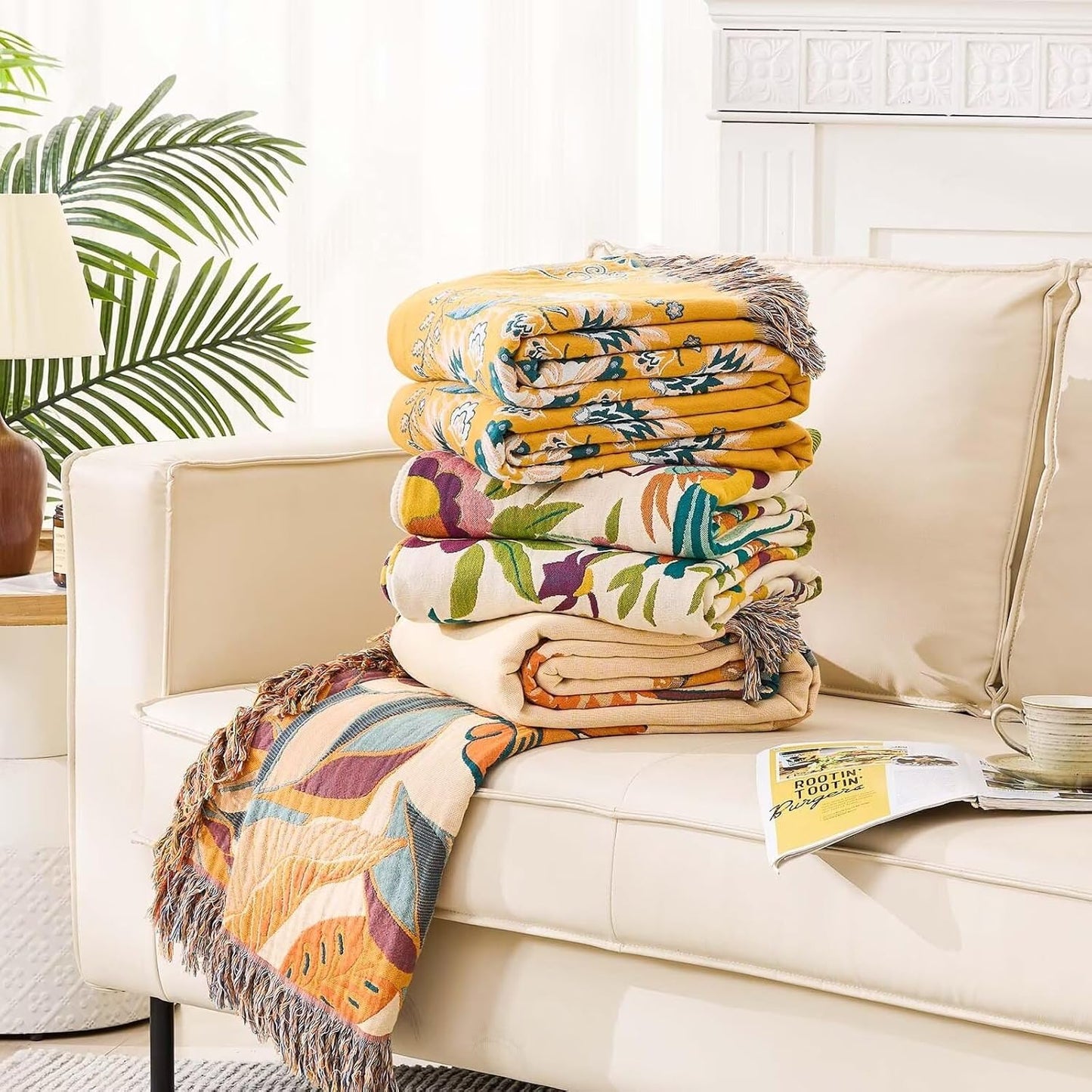 Boho Throw Blanket, 100% Cotton Ultra Soft Luxury Throw Rustic Quilt, Floral Printed Farmhouse Decor Bed Summer Blankets, All Season Rustic Reversible Bohemian Throw for Bed (90"x98" Yellow