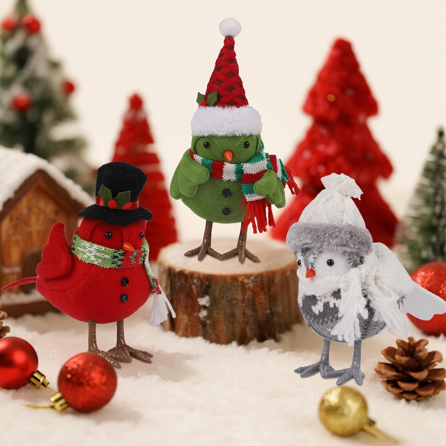 Prsildan Christmas Table Decorations Birds, Set of 3 Christmas Bird Figurine Table Top Decor, Green Red Gray Xmas Birds Ornaments for Winter Home Kitchen Fireplace Mantel Holiday Party