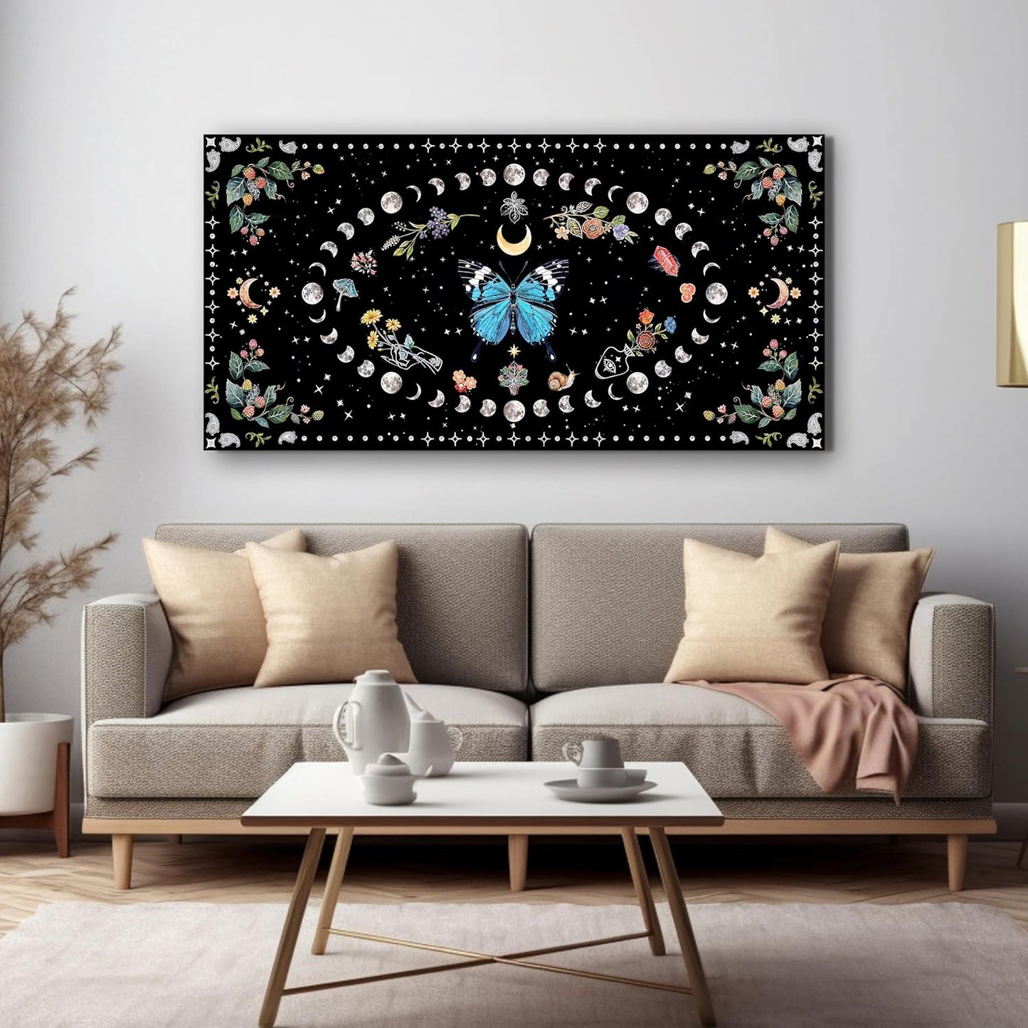 Canvas Wall Art Prints Blue Boho Wall art Decor Canvas Art Wall Decor Wall Pictures for Living Room Vintage Butterfly Wall Art Moon Flower Abstract Artwork for Walls Home Bedroom Decor 20" X 40"