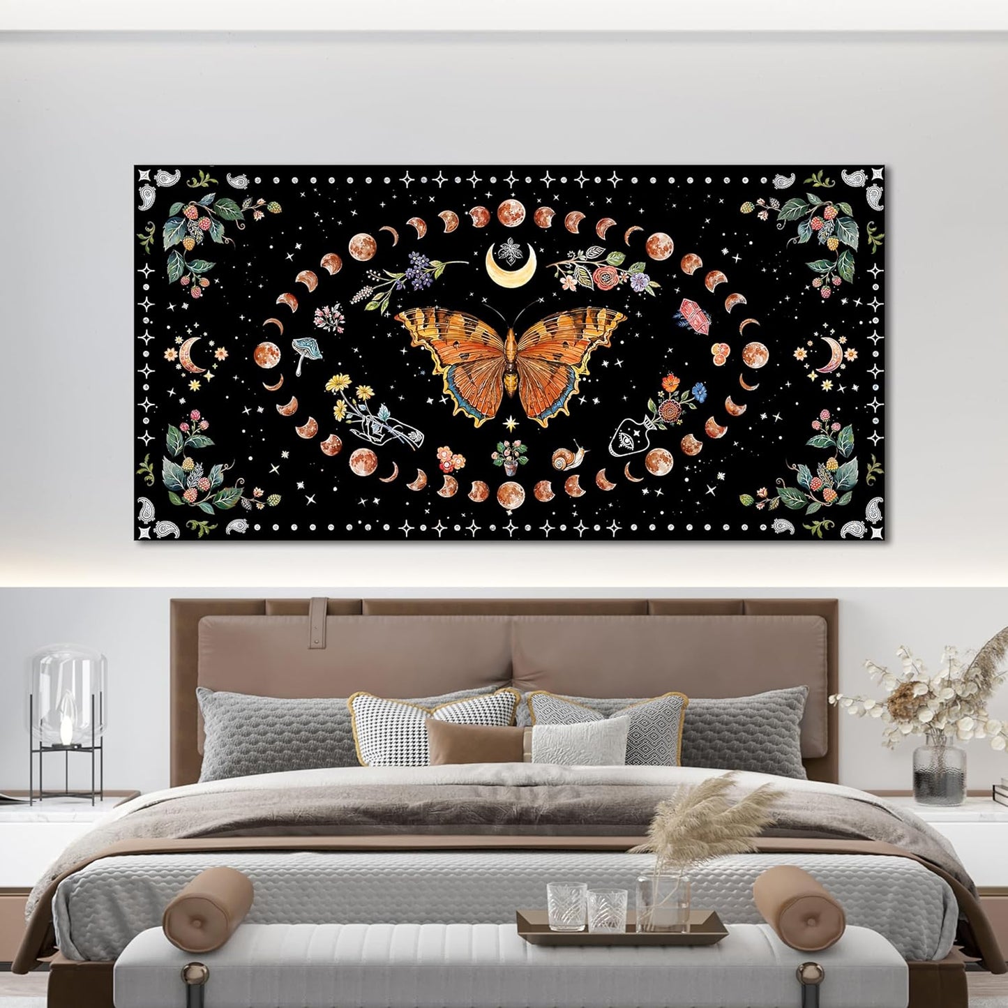 Large Canvas Wall Art Boho Wall art Decor Canvas Art Wall Decor Pictures for Living Room Vintage Butterfly Wall Art Decorations Large Artwork for Walls Moon Flower Home Office Wall Decor 29"X58"