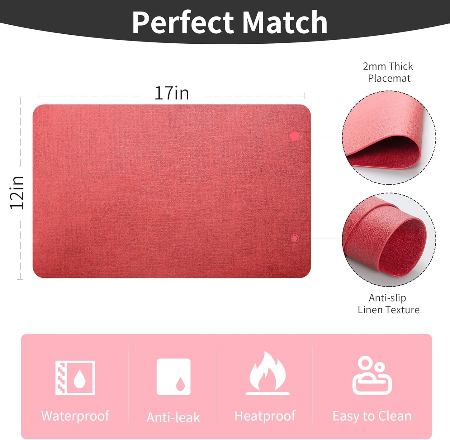 Maxpearl Faux Leather Placemats Set of 4, Waterproof - Wipe Clean - Heat Resistant - Anti Slip Dining Table Place Mats, Suitable for Indoor & Outdoor Use, 17’’×12’’, Red