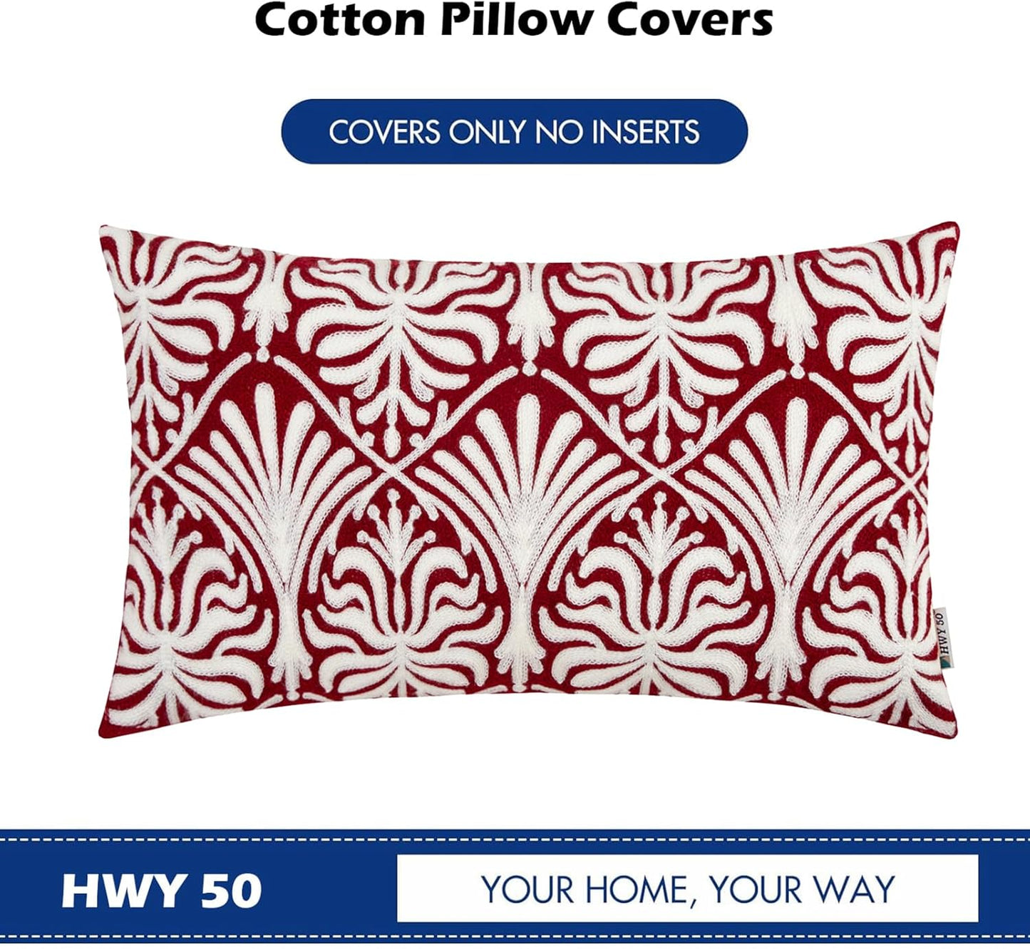 HWY 50 Burgundy Red Decorative Lumbar Pillow Cover Rectangle 12x20 Inch (1 Piece), Embroidered Cotton Farmhouse Cushion Cover Pillow Case for Sofa Couch Living Room Bed, Minimalist Floral