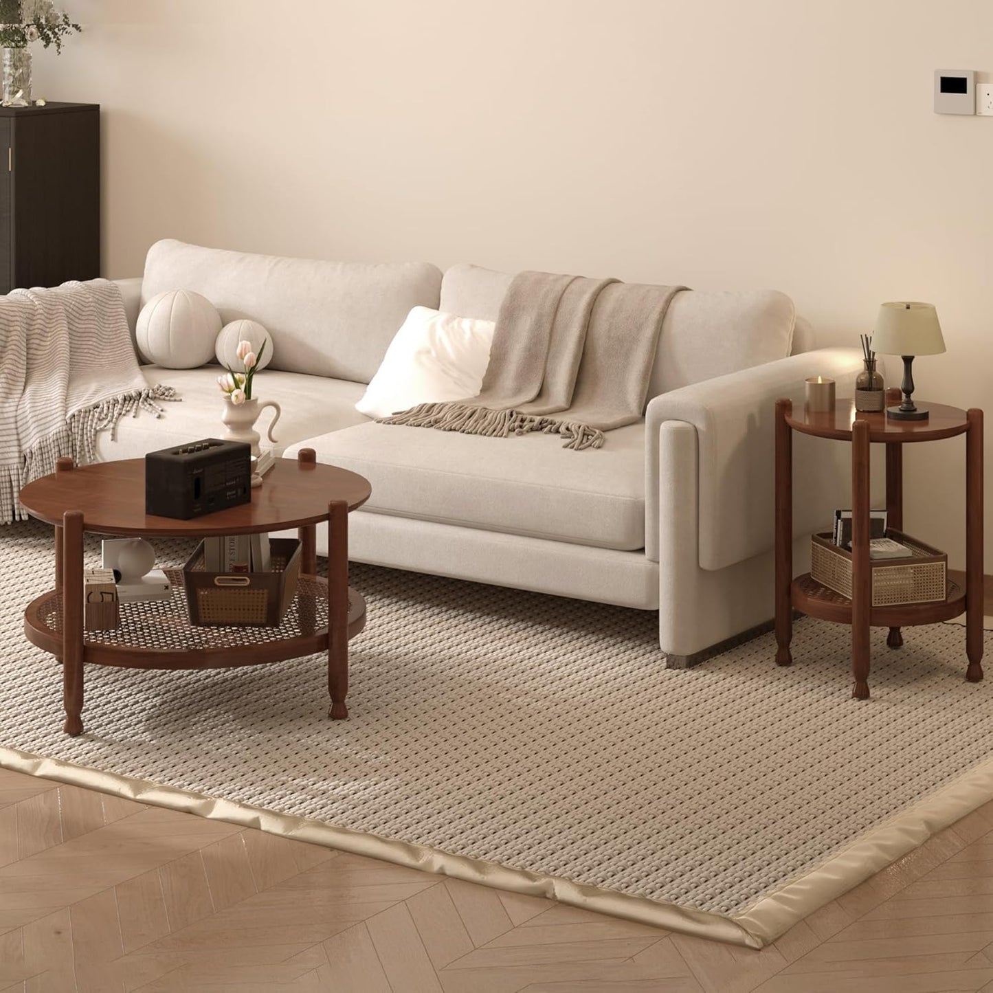 NSdirect Round End Table for Living Room, 2-Tier Rustic Wood Center Table for Home Decor with Boho Woven Rattan Storage Shelf | Modern Farmhouse Design, Easy Assembly, Red Brown