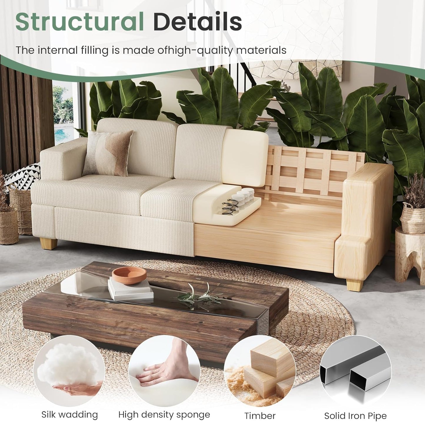 3 Pieces Corduroy Couch Set for Living Room, 3 Seater*2 & Loveseat Cloud Sofa, Deep Seat Floor Couch for Bedroom, Futon Modern Sofa Bed, White Corduroy