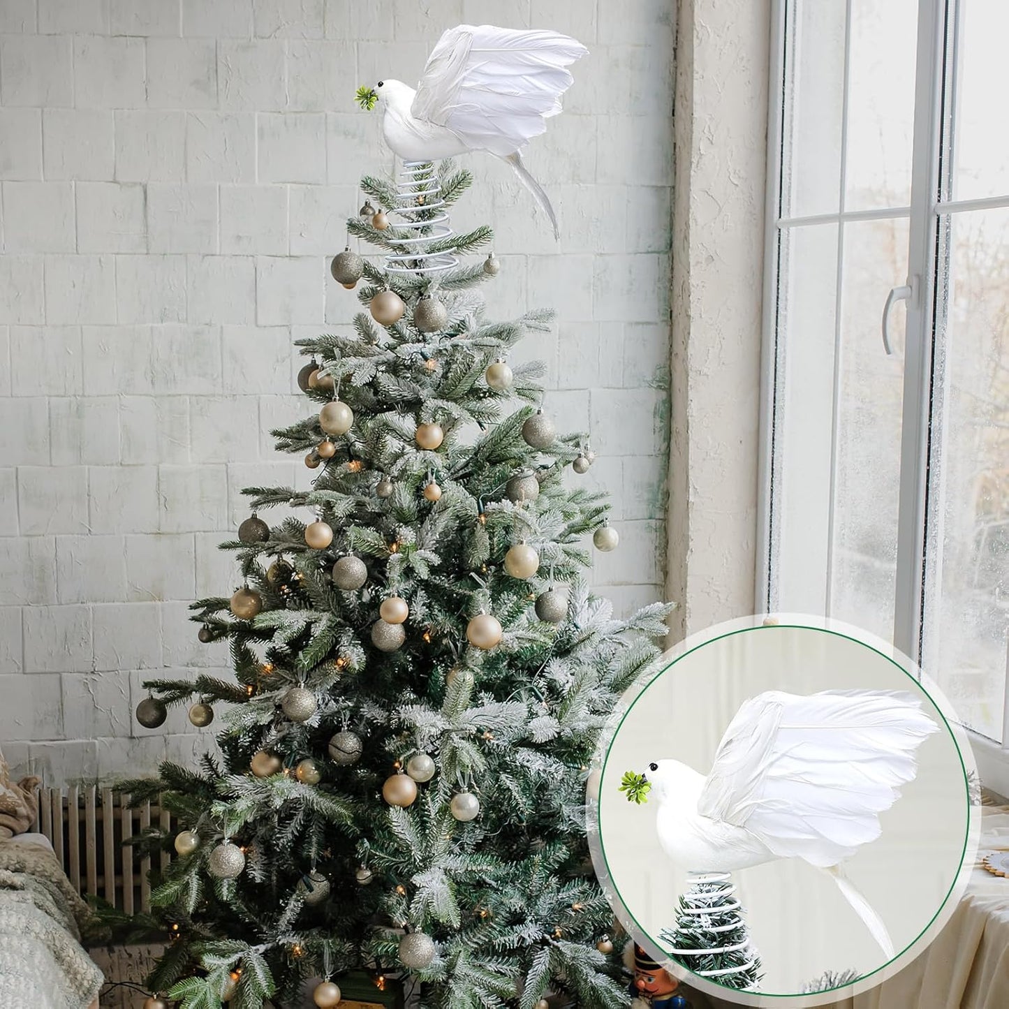 Retisee 9 Inch Dove Olive Christmas Tree Topper White Bird Christmas Tree Decoration Peaceful Flying Dove Ornaments Artificial Feather Flocked for Hanging Wedding Party Decor