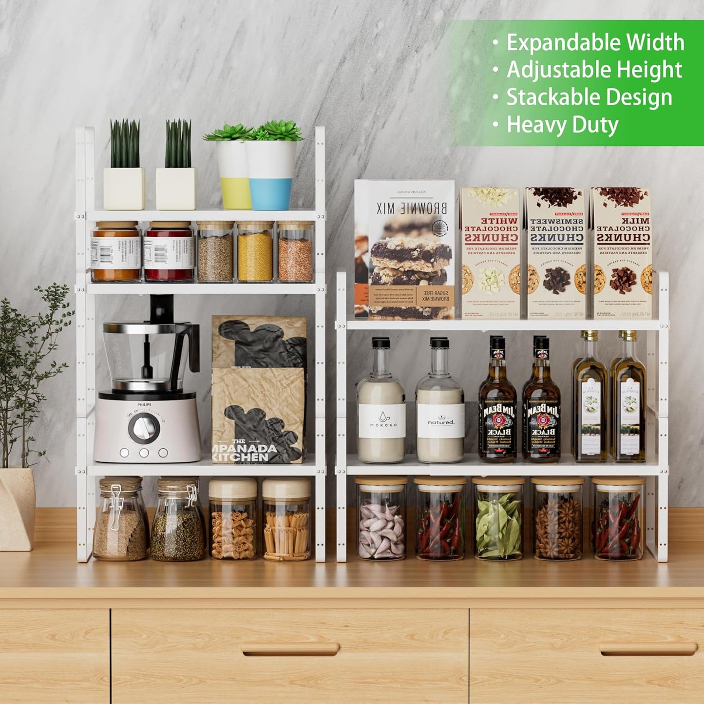 Expandable Cabinet Storage Shelf Stackable Organizer Rack for Kitchen Bathroom Pantry Spice Cupboard Countertop Home Office Desk Heavy Duty Nonslip White Small 3 Pack
