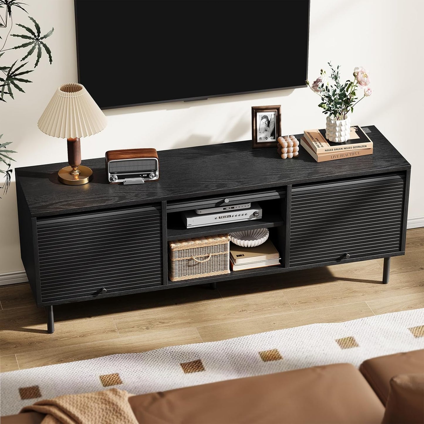 59 Inch TV Stand with Power Outlet for TVs up to 65 Inch, Entertainment Center with Storage, Mid-Century Modern TV Console, Adjustable Shelf & Sliding Doors, TV Stand for Living Room, Bedroom, Black