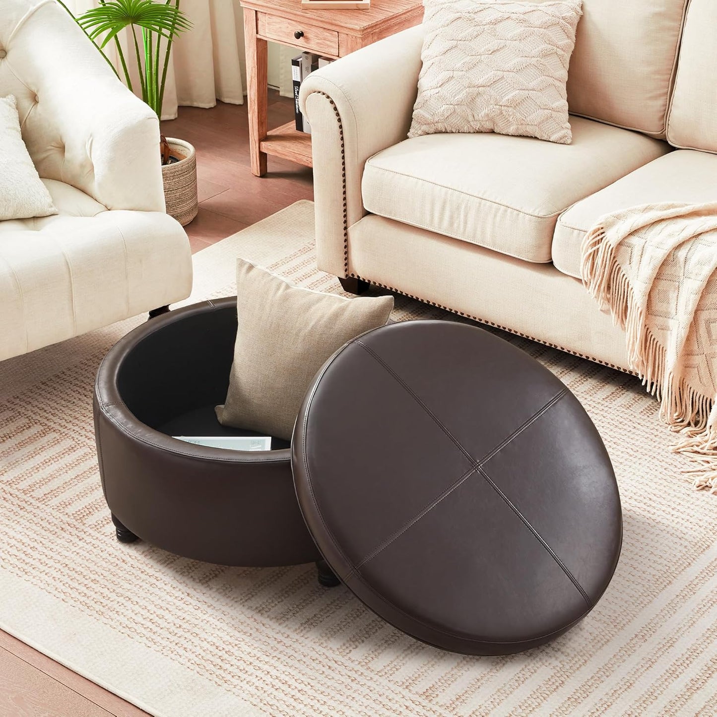 30-Inch Round Storage Ottoman, Modern Ottoman Coffee Table with Removable Top for Living Room, Bedroom, Office (Brown)