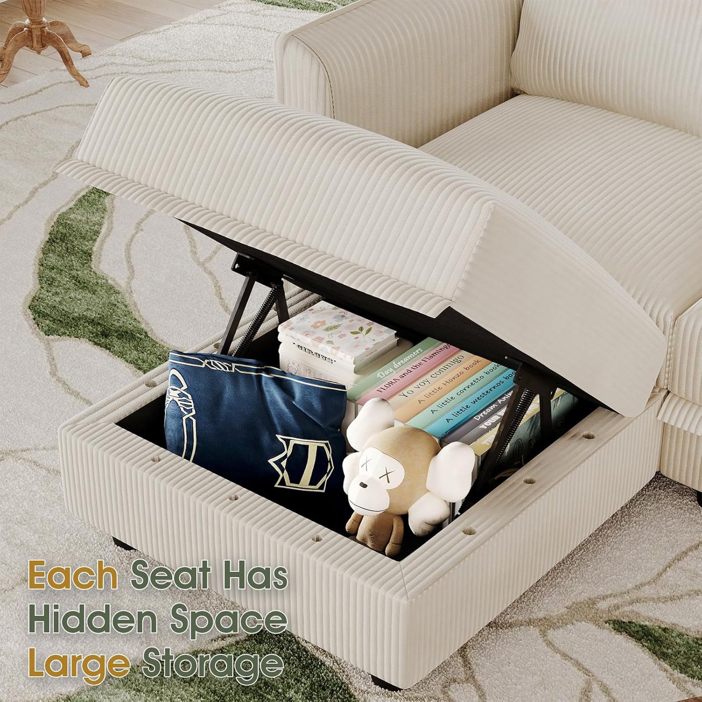 LLappuil Modular Sectional Sofa with Storage Seats, Corduroy Convertible Modular U Shaped Sectional Couch for Living Room, 9 Seat Oversized Sofa with 9 Back Cushion 9 Throw Pillow, Beige