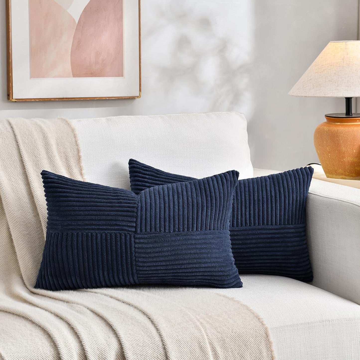 Fancy Homi 2 Packs Navy Blue Long Lumbar Decorative Throw Pillow Covers 12x24 Inch for Couch Bed Sofa, Rustic Farmhouse Boho Home Decor, Soft Striped Corduroy Rectangle Accent Cushion Case 30x60 cm