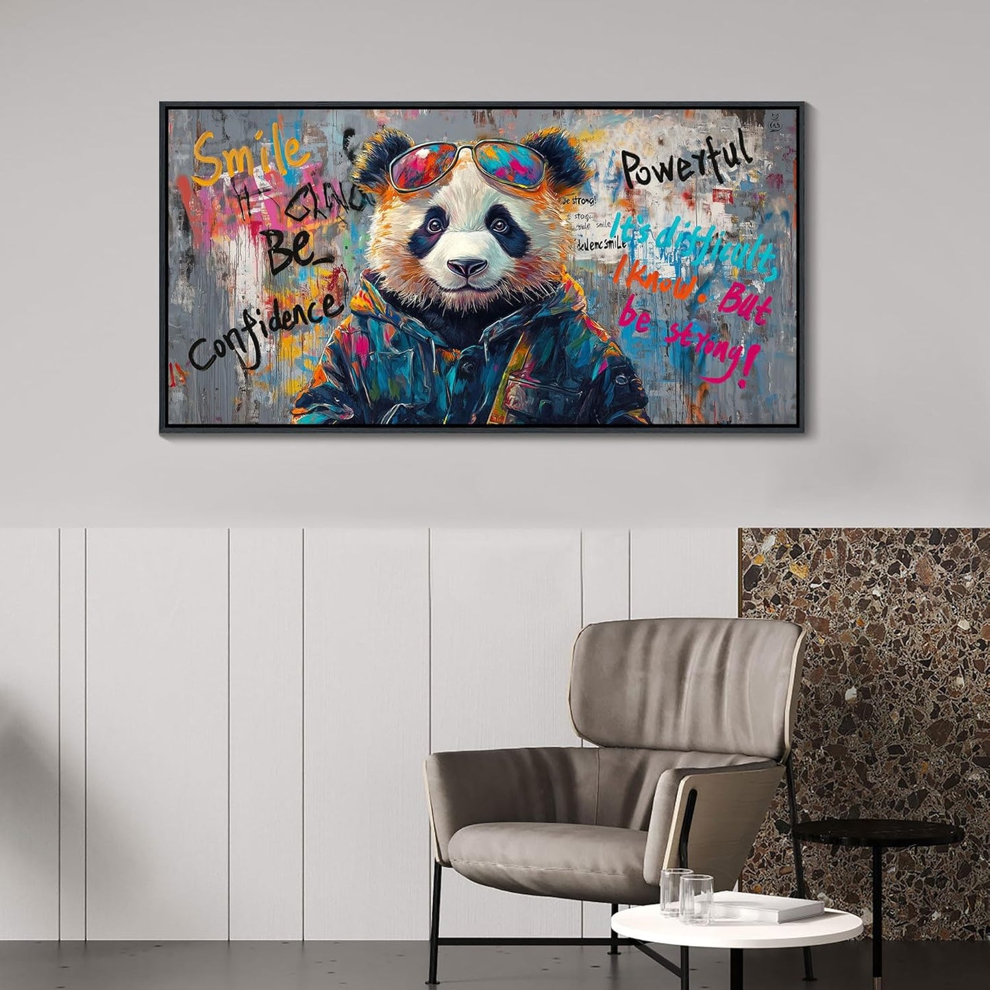 JEAWA Large Framed Canvas Wall Art, Black and White Panda Graffiti Street Art Pop Abstract Modern Paintings for Living Room Bedroom Study Office Inspirational Picture Home Decor 24x48 IN