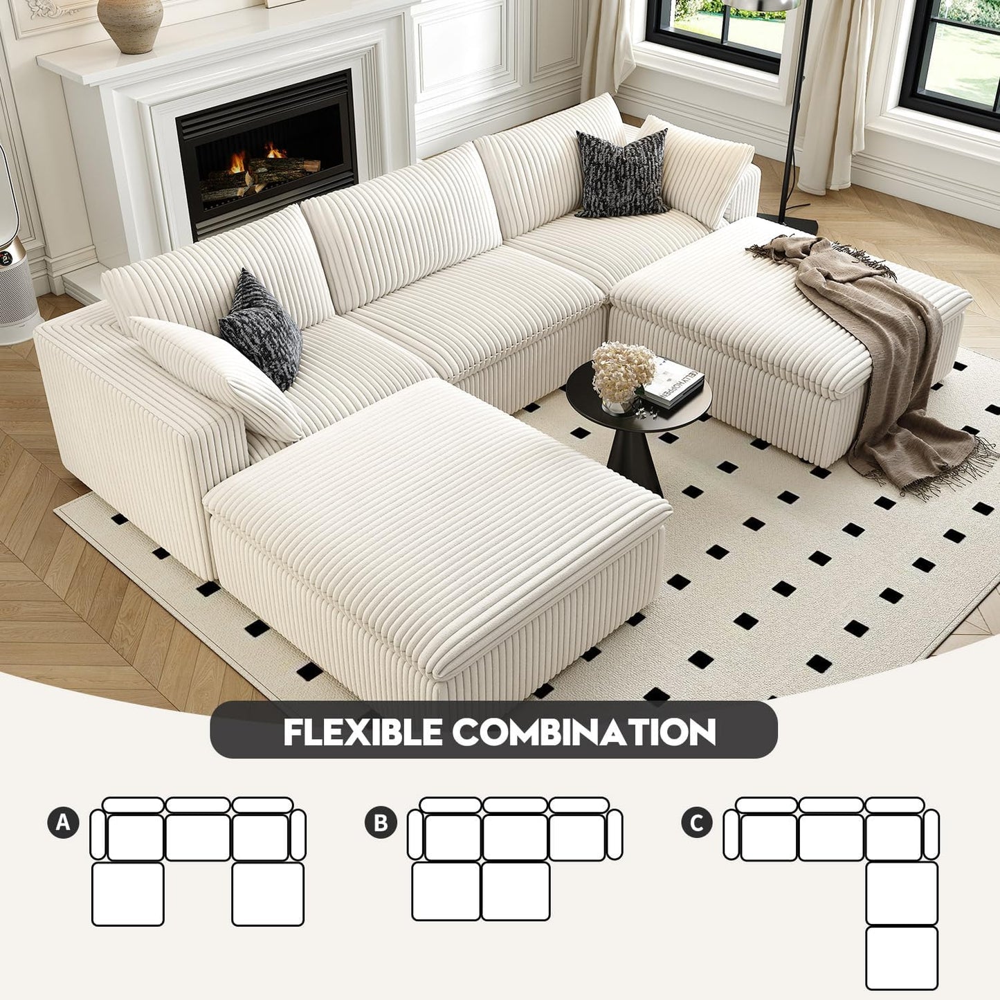 118" Cloud Couch Modular Sectional Sofa for Living Room,Modern Sofa with Deep Seat,U-Shape Boneless Couch with 2 Ottoman,Comfy Upholstered Corduroy Couches for Apartment, Studio, Office,Bedroom,White