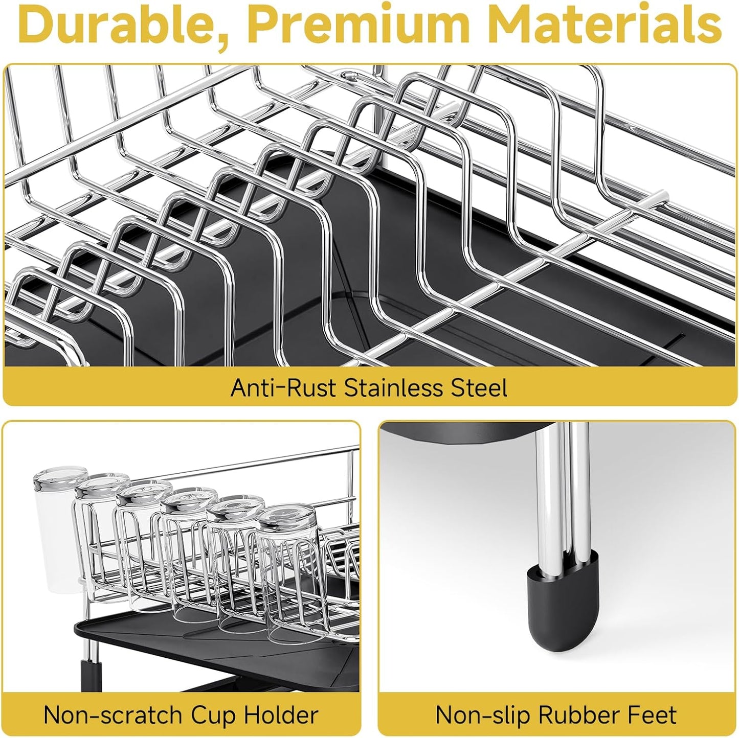 Dish Drying Rack, Expandable Stainless Steel Dish Rack with Drainboard Set Kitchen Sink Organizer for Counter, Large Capacity Kitchen Accessories, Smooth Water Flow