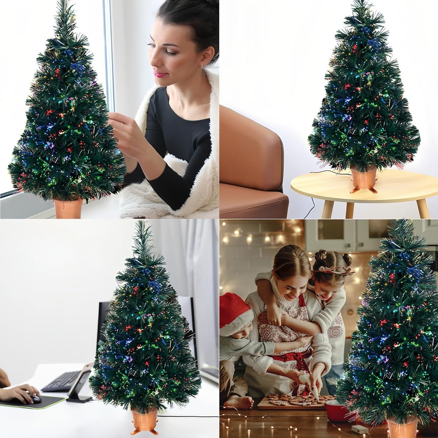 32 inch Green Pre-lit Small Fiber Optic Christmas Tabletop Tree with Gold Pot and Adaptor