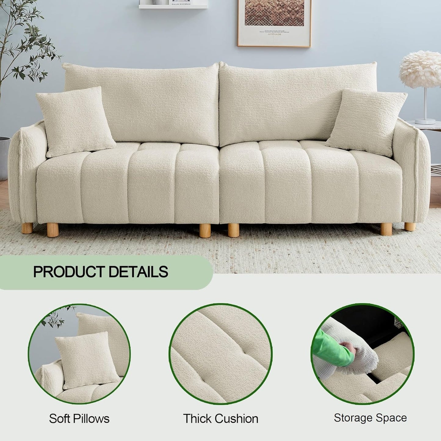 Convertible Sofa Bed, 90" Full Size Sleeper Sofa with Storage, Tufted Chenille 3 Seat Sofa Couches for Living Room, Small Spaces, Guest Room, Apartment, Beige