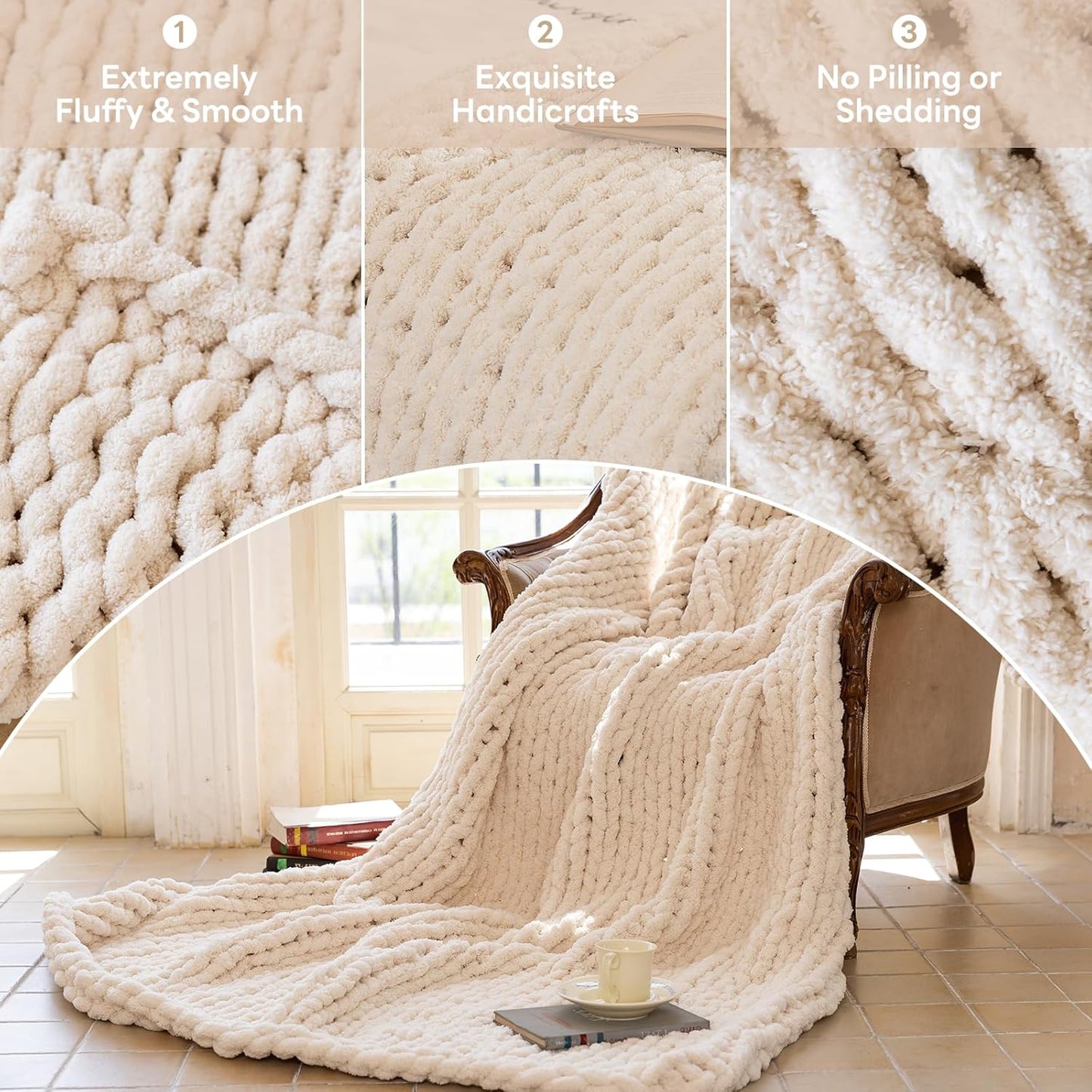 Chunky Knit Blanket - Luxury Soft Cozy 60 * 80 Throw Blanket,100% Woven Blanket Rope Knot Throw Blanket for Couch, Sofa, Home Decor, Gift - Machine Washable(Cream)