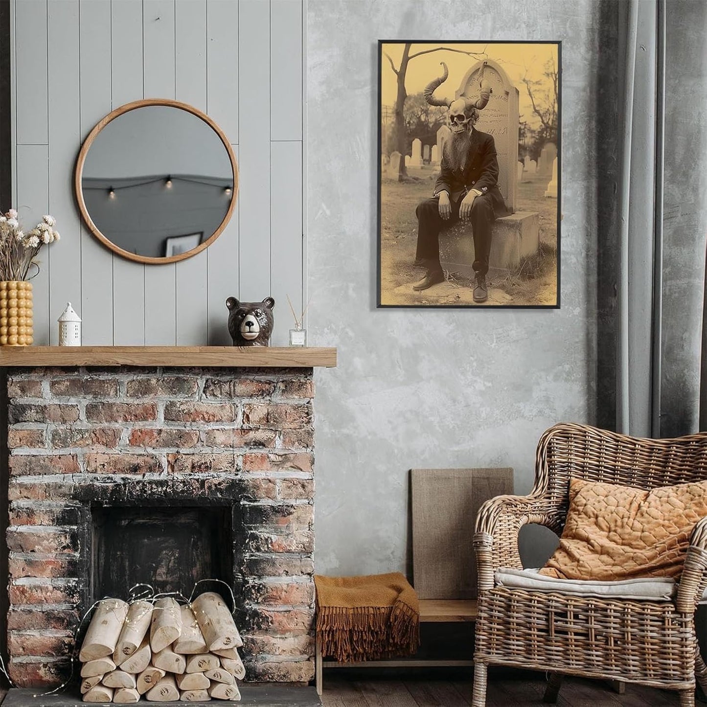 Skeleton Halloween Forest Occult Poster Vintage Spooky Canvas Wall Art Gothic Room Decor Dark Academia Bedroom Decorations Creepy Skull Prints Picture Aesthetic 24X36inch Aluminum Framed