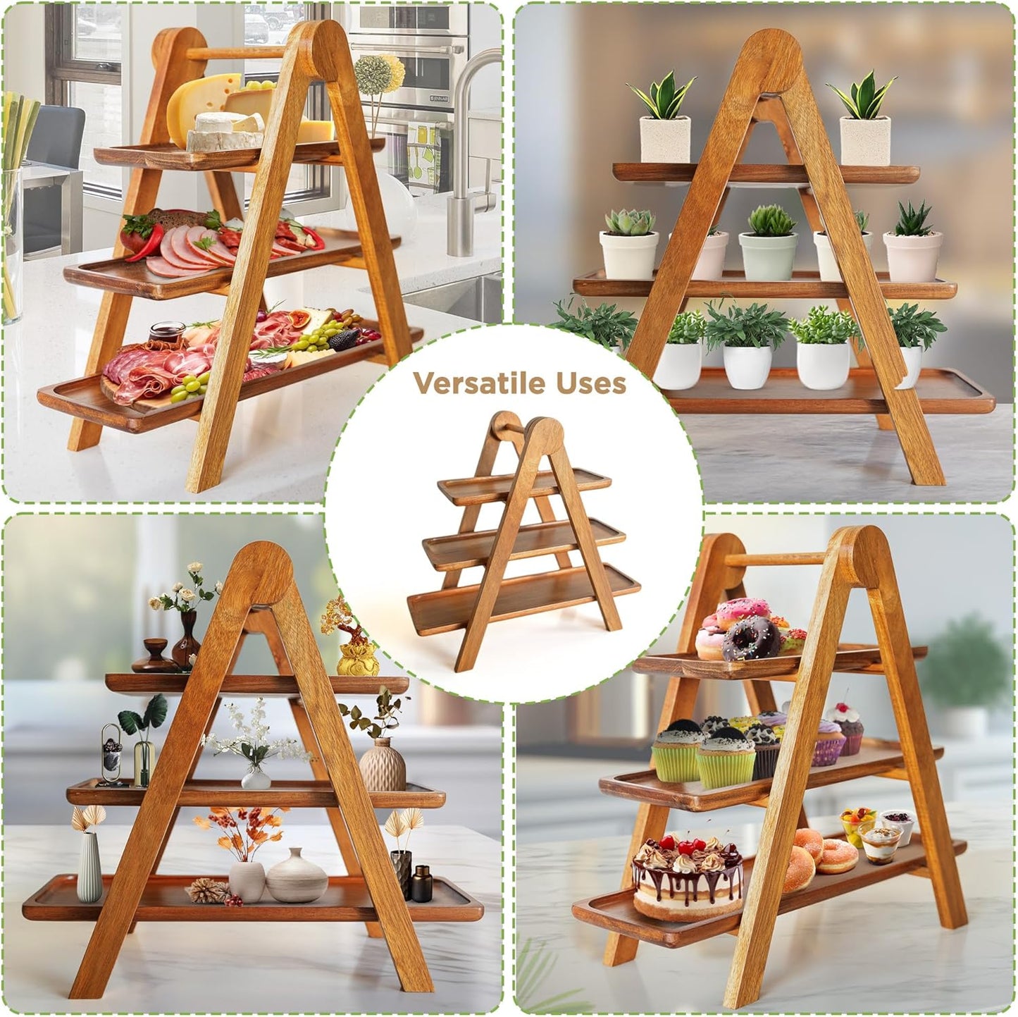 MAJURI 3 Tier Wooden Serving Tray, Set of 2 Tongs Free, Tiered Serving Trays & Platters for Party, Wedding, Picnic, Your Perfect Elevated Charcuterie Stand and for 3 Tiered Dessert Stand Lovers