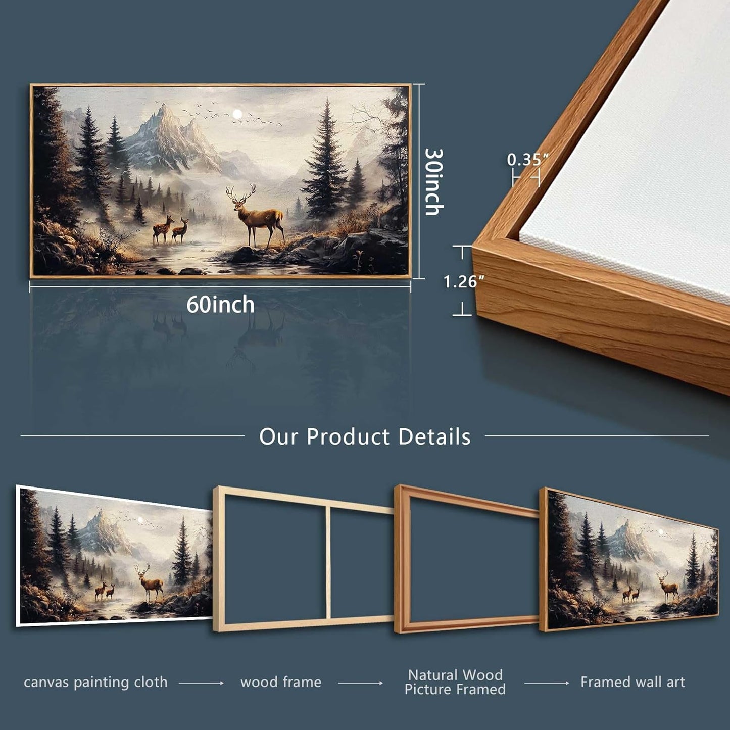 KELIYUAN Large Canva Wall Decor For Living Room Wood Framed Wall Art For Bedroom Office Murals Landscape Painting Of Elk Mountain Pictures Modern Restaurant Room Home Decorations Aesthetics 30"X60"