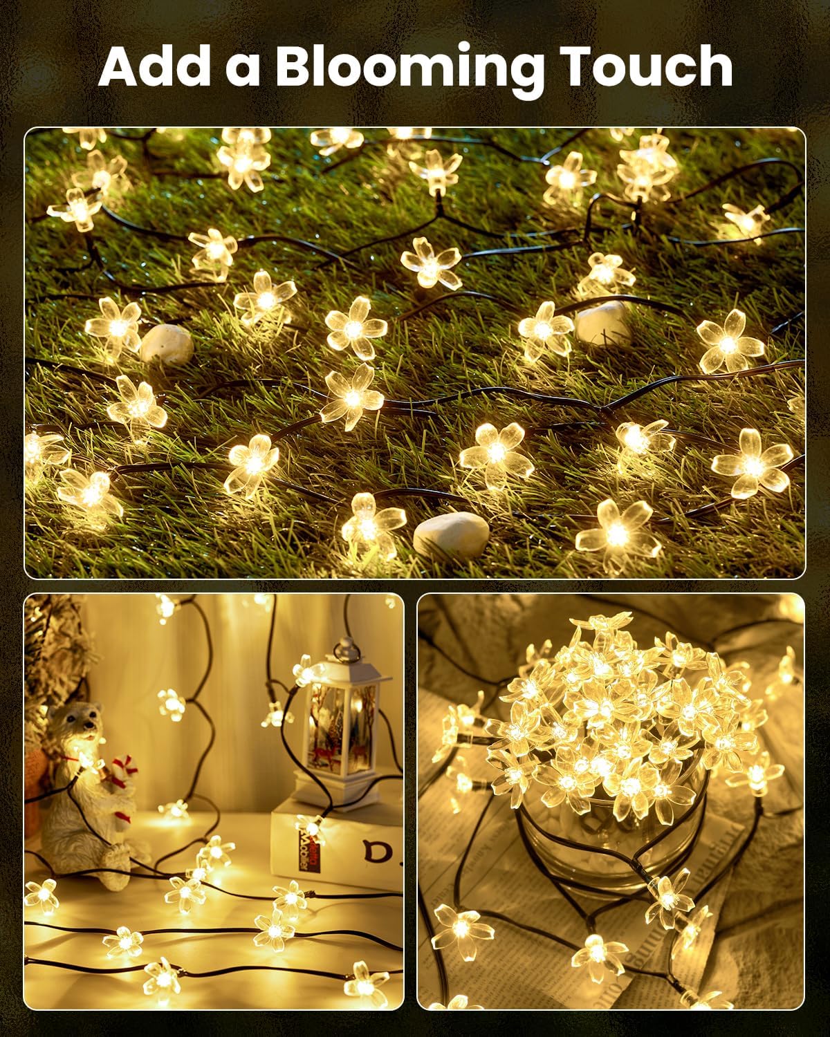 Brightown 60 LED Solar String Lights Flower Outdoor Waterproof Fairy Lights for Garden Yard Fence Patio Christmas Tree Wedding Party Decor, Warm White