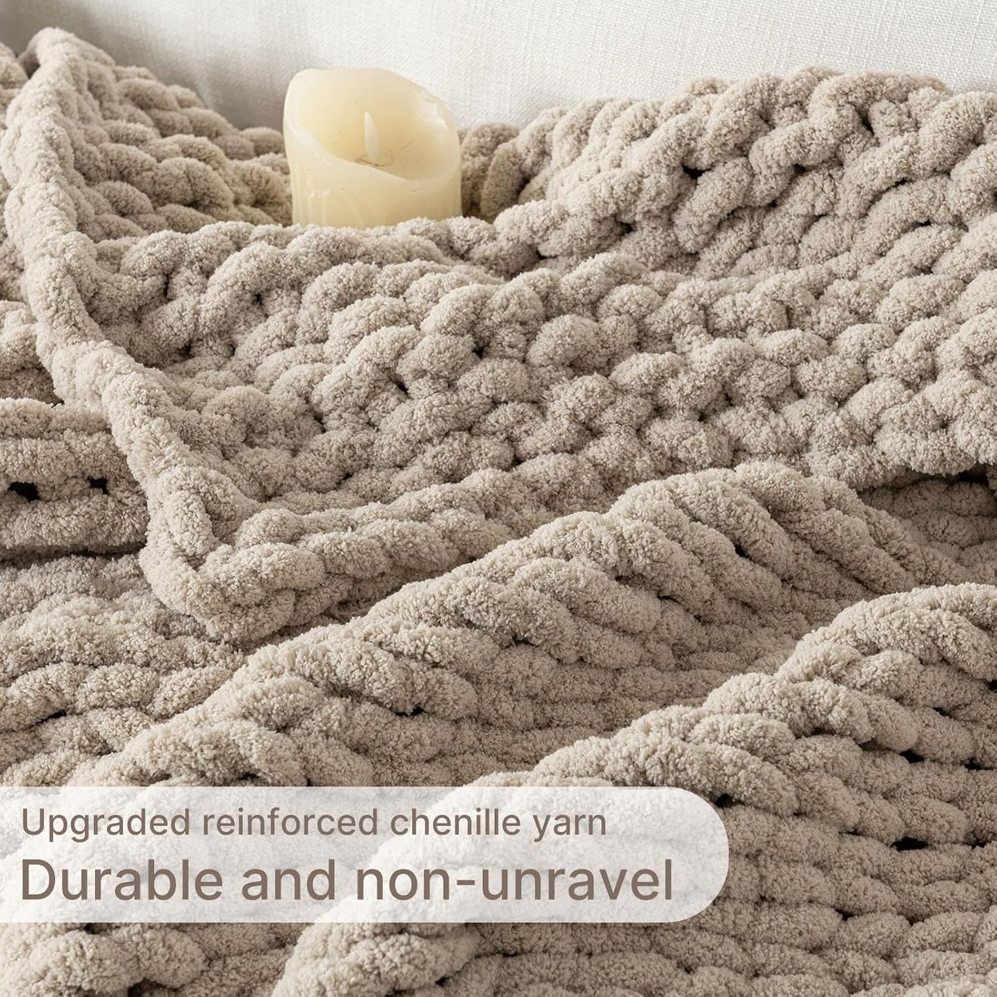 Chunky Knit Blanket Throw, 100% Hand Knit Throw Blanket Handmade Chenille Cable Knit Throw for Couch, Stylish Cozy Soft Rope Knot Crochet Blanket for Home Decor, Beige Linen, 50x60 Inches