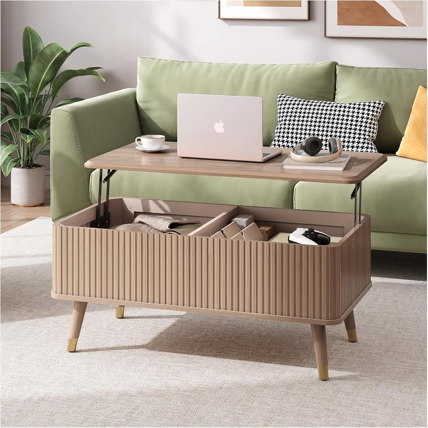 Lift Top Coffee Table with Storage Shelf & Hidden Compartment, Mid Century Modern Fluted Rectangle Dining Table for Living Room, Home Office, Natural Oak