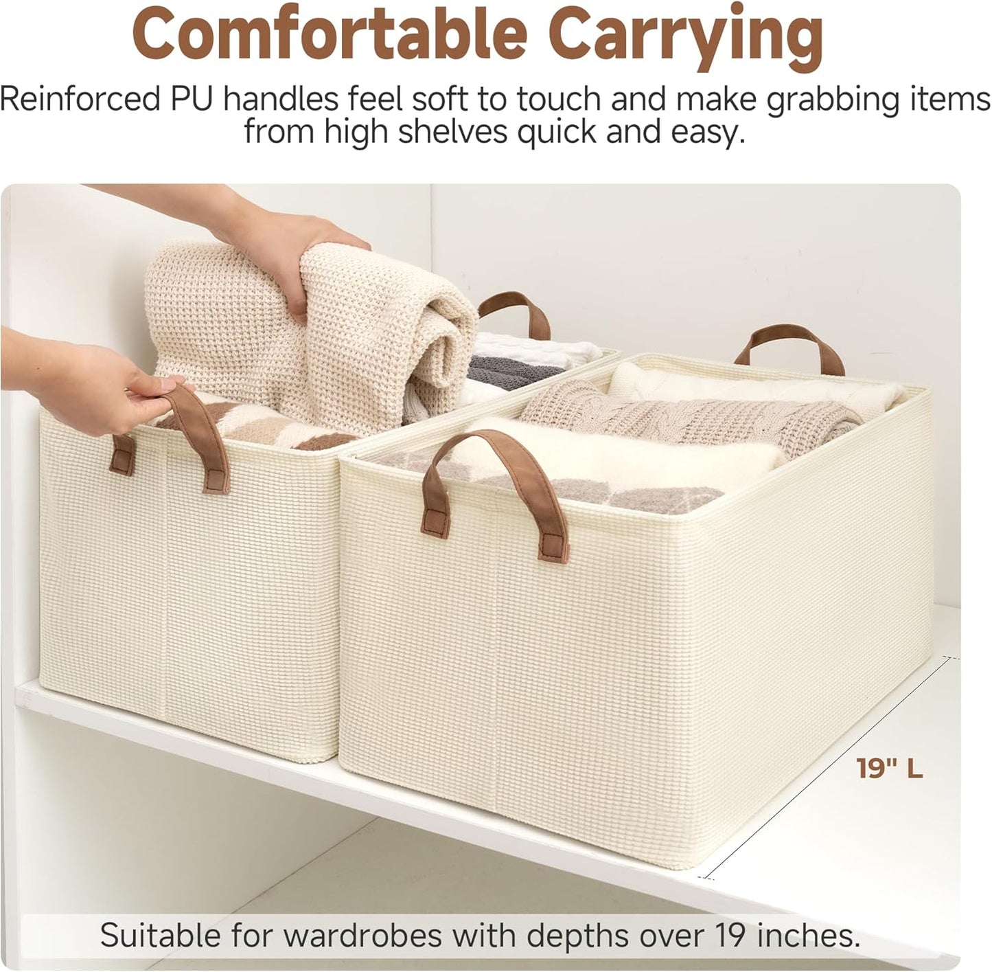 StorageWorks Storage Bins, Shelves Baskets for Organizing, 45L Extra Large Fabric Closet Organizers with Handles, Metal Frame, Beige(Texture), 2-Pack