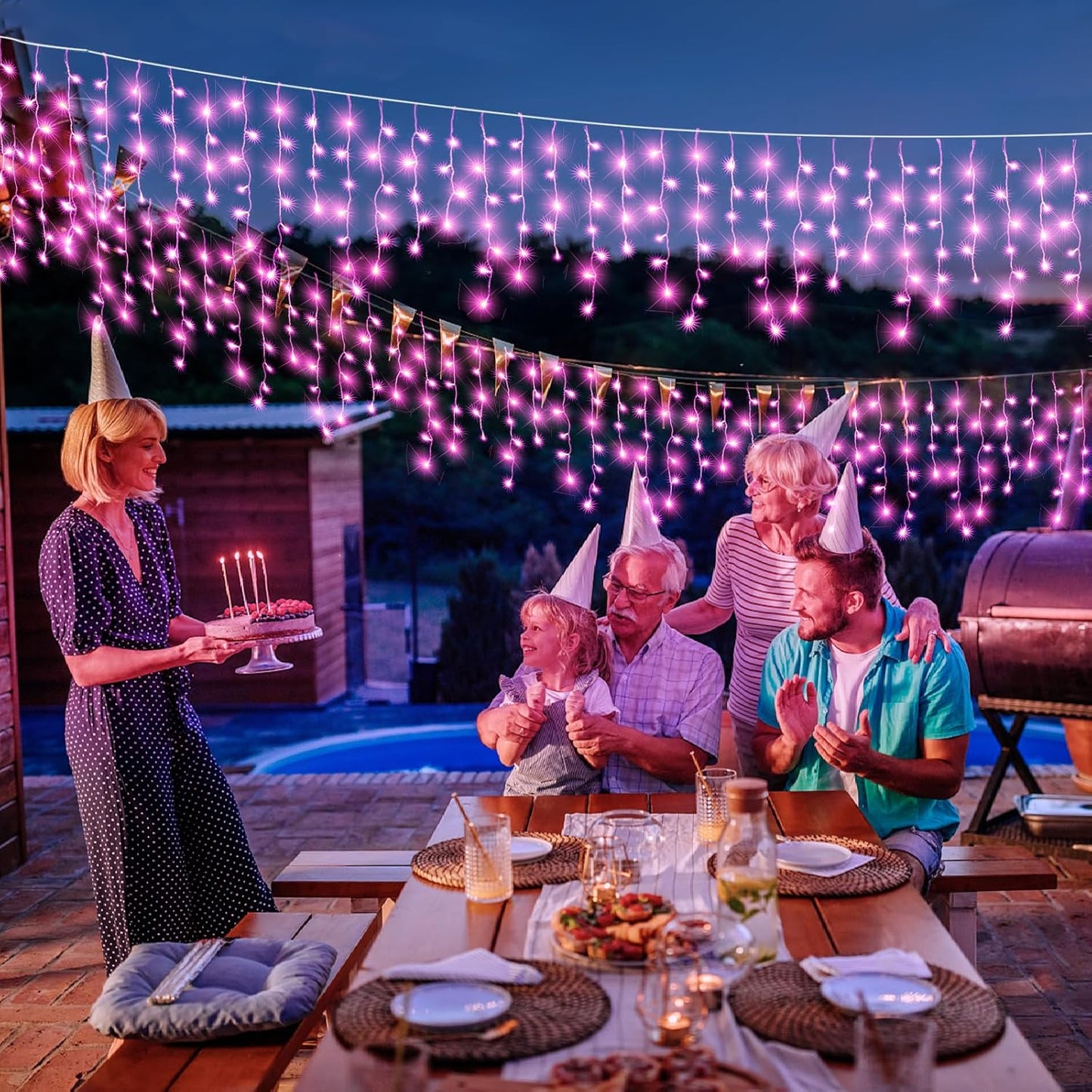 33ft Icicle Lights for Outside, Pink Christmas Lights Outdoor Waterproof for House, 400 LED Twinkle Light with 75 Drops Clear Wire Short Curtain Lights for Room Home Wall Indoor Decorations