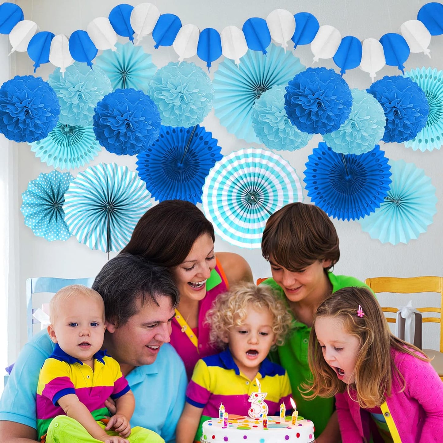 Party Decorations, Blue Papar Fans Pompoms Garlands for Men Boy Fathers Day Graduation Bachelorette Wedding Birthday Baby Showers Birthday Party Decoration