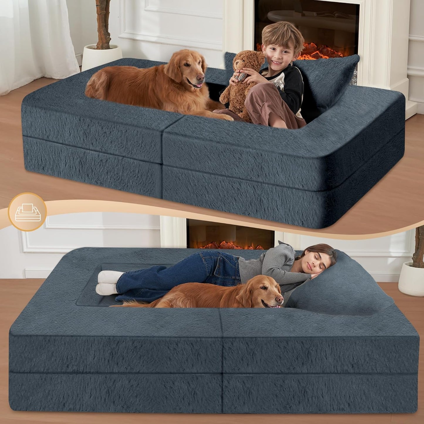 Folding Bean Bag Chair for Adults,3-in-1 Bean Bag Couch Faux Fur Floor Sofa Large Beanbag Convertible Bean Bag Sofa Bed with Pillow in Bedroom,Living Room,Apartment(Twin,Dark Grey)