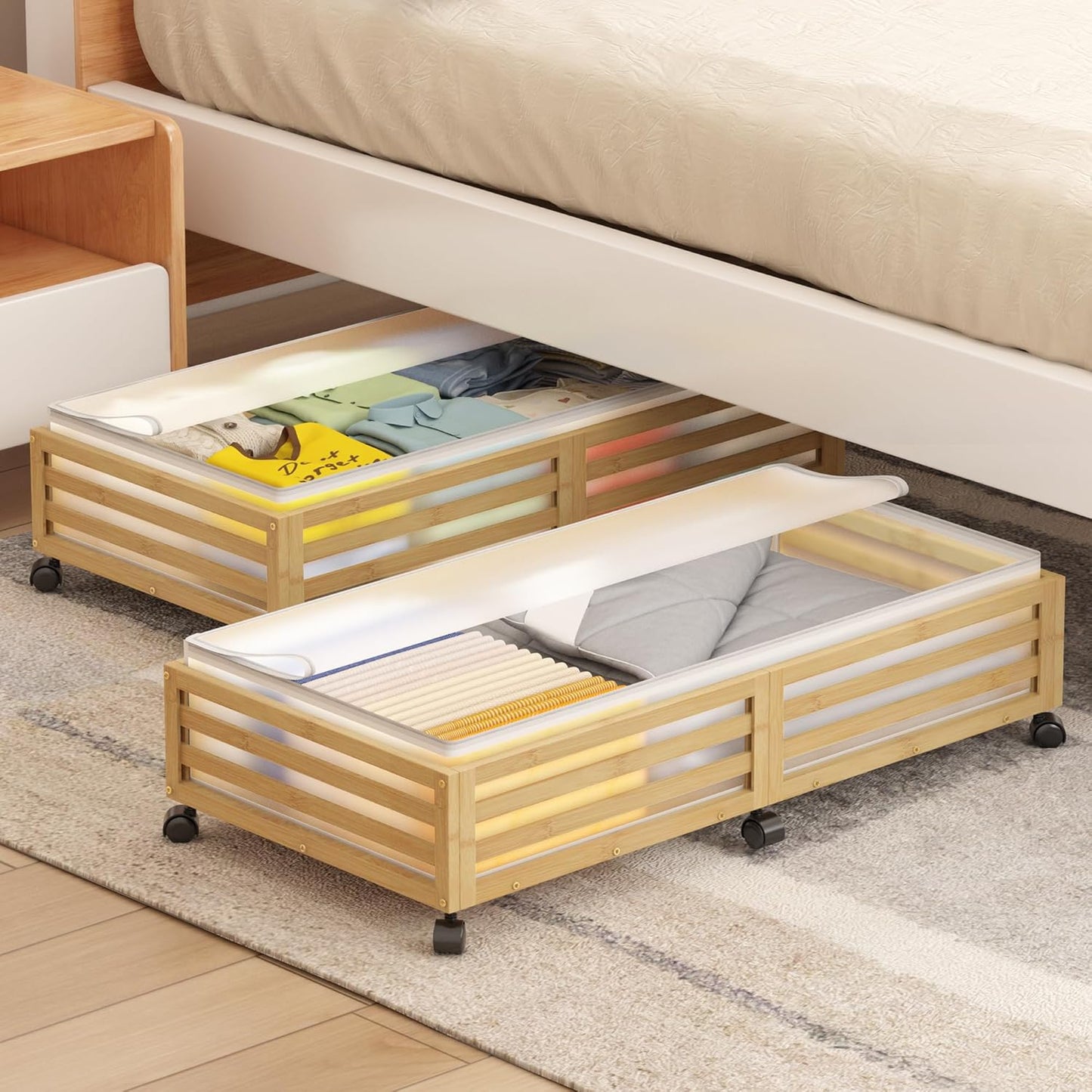 Under Bed Storage with Wheels-Large Bamboo Underbed storage Containers with Large Dust Bag Stackable Under the Bed Shoe Storage Bins for Clothes Books Bedding (2 Packs Nature, 33.07"L×16.54"W× 6.5"H)