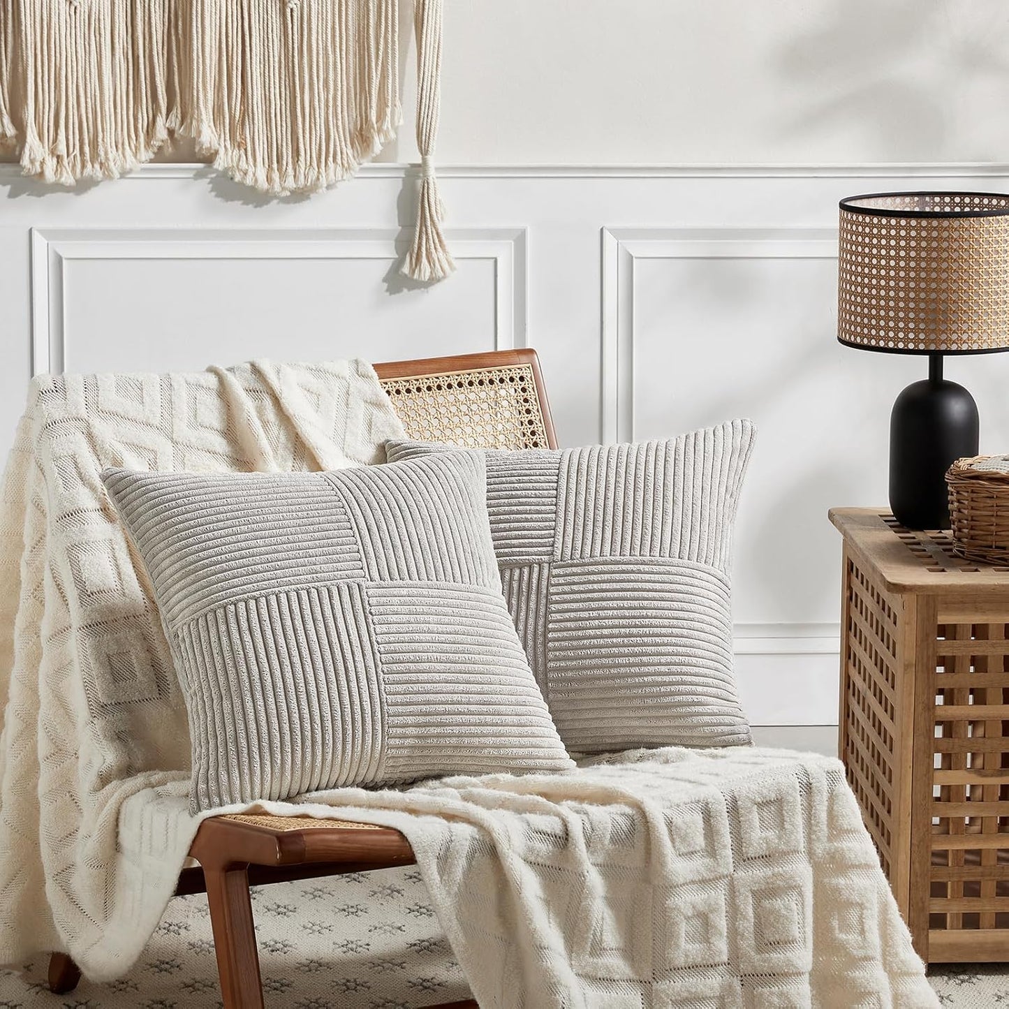 Fancy Homi 2 Packs Neutral Grey Euro Decorative Throw Pillow Covers 28x28 Inch for Couch Bed Sofa, Rustic Farmhouse Boho Home Decor, Soft Corss Corduroy Patchwork Textured Square Cushion Case 71x71 cm