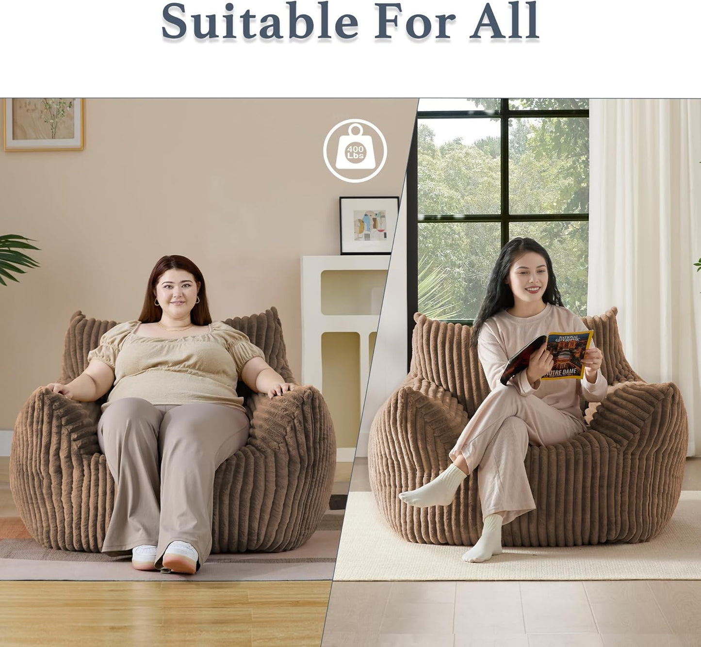 Giant Plush Bean Bag Chair for Adults with Armrests - Oversized Comfy Khaki Beanbag Lounge Lazy Floor Sofa Chair for Living Room, Bedroom & Dorm, Cozy Fluffy Single Cloud Mini Couch