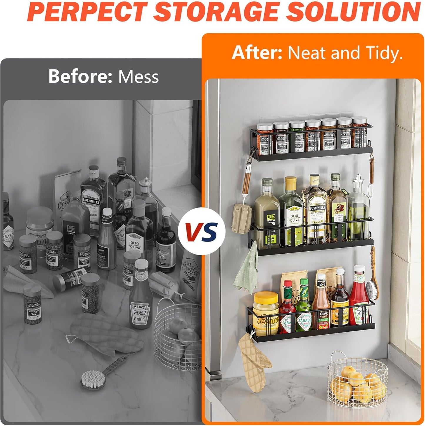 Spice Rack Wall Mounted 2 Pack, Space-Saving Spice Organizer for Spice Jars and Seasonings,Screw or Adhesive Hanging Spice Rack Organizer for Your Kitchen Cabinet,or Pantry Door