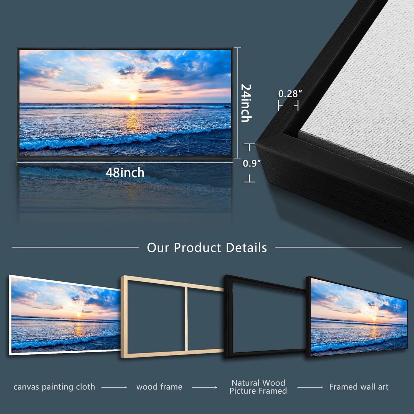 Wapluam Bedroom Decor: Blue Beach Sea Waves Landscape Canvas Print, Large Wall Art, Ready To Hang, Black Framed