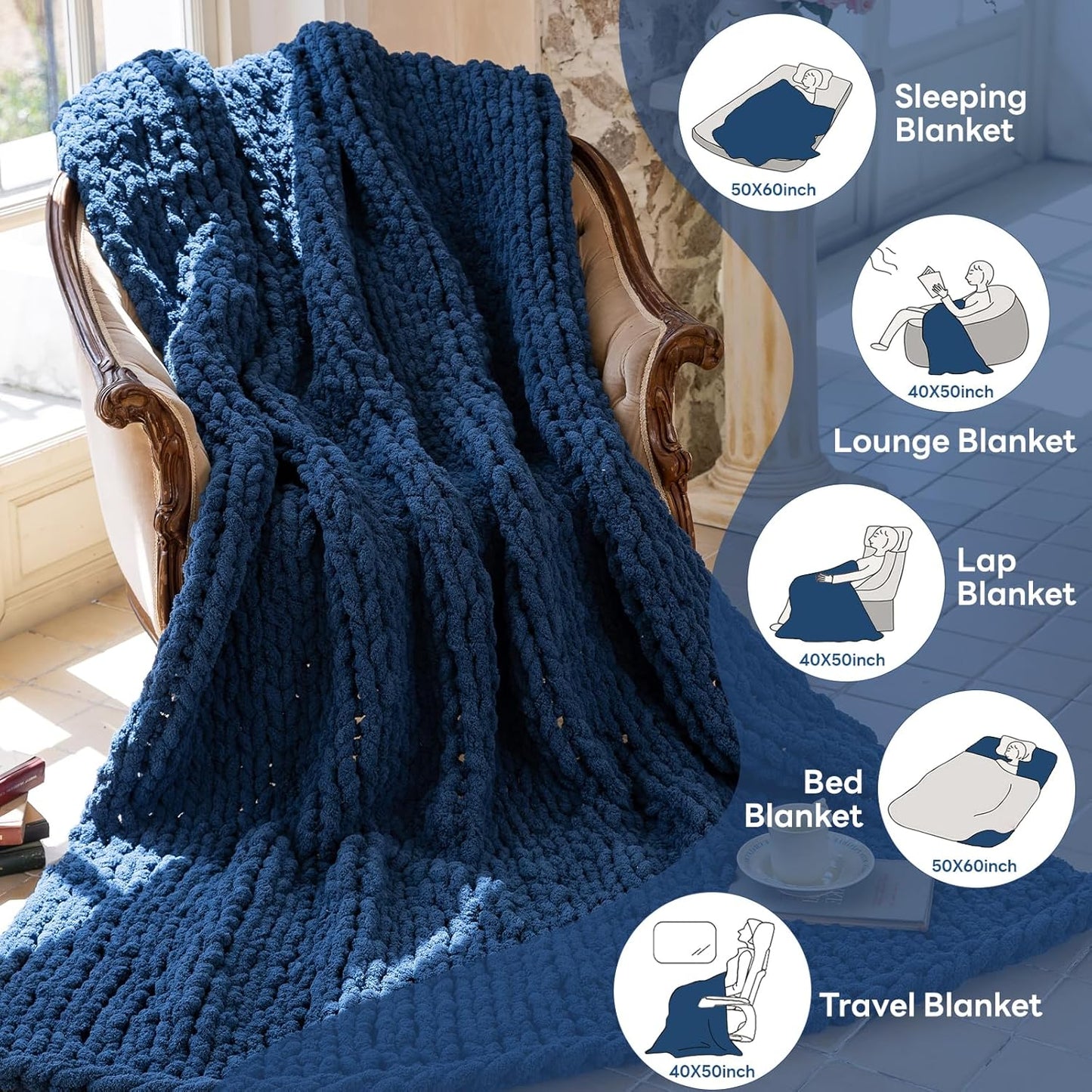 Chunky Knit Blanket - Luxury Soft Cozy 40 * 50 Throw Blanket,100% Woven Blanket Rope Knot Throw Blanket for Couch, Sofa, Home Decor, Gift - Machine Washable(Deep Blue)
