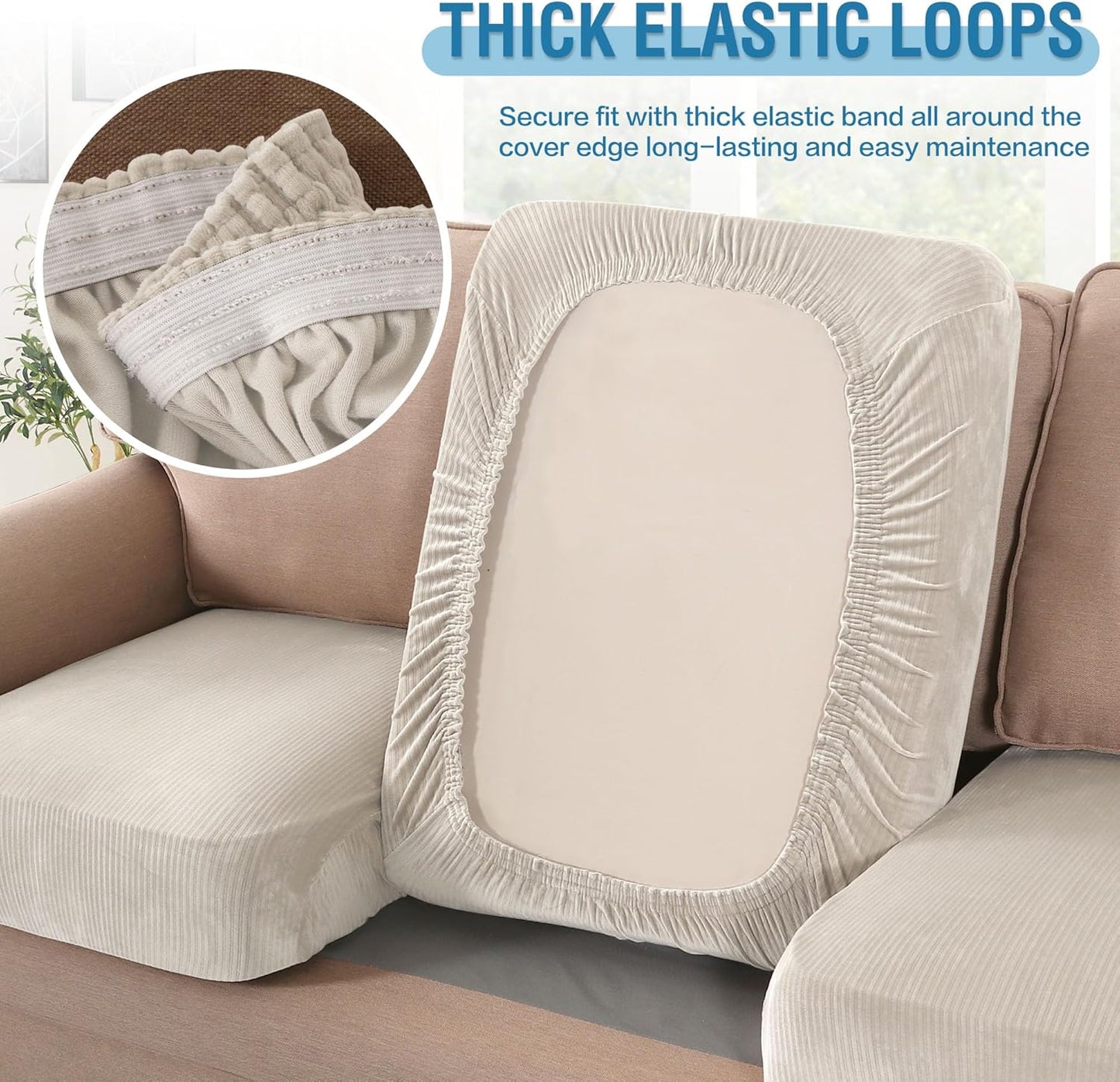 H.VERSAILTEX Velvet Stretch Couch Cushion Cover Plush Cushion Slipcover for Chair Loveseat Sofa Cushion Furniture Protector Seat Cushion Sofa Cover (2 Piece Medium Sofa Cushion Covers, Ivory Striped)